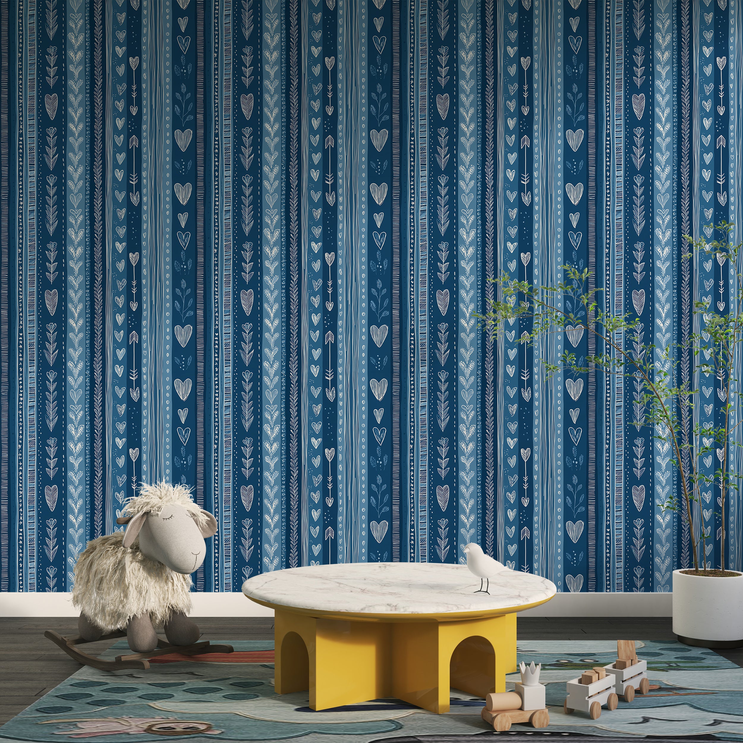 Blue Striped Heart Wallpaper Kids Room Playful Pattern Scandinavian Style Child Friendly Wall Decor