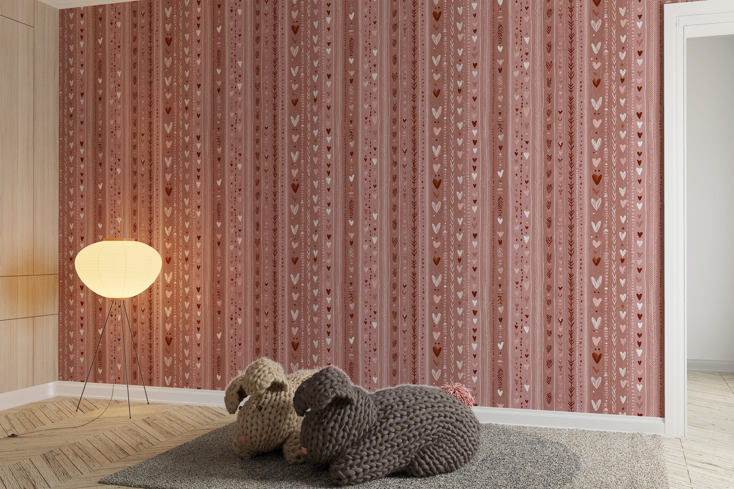 Dusty Pink Heart Wallpaper Striped Pattern for Girls Room or Nursery Wall Decor