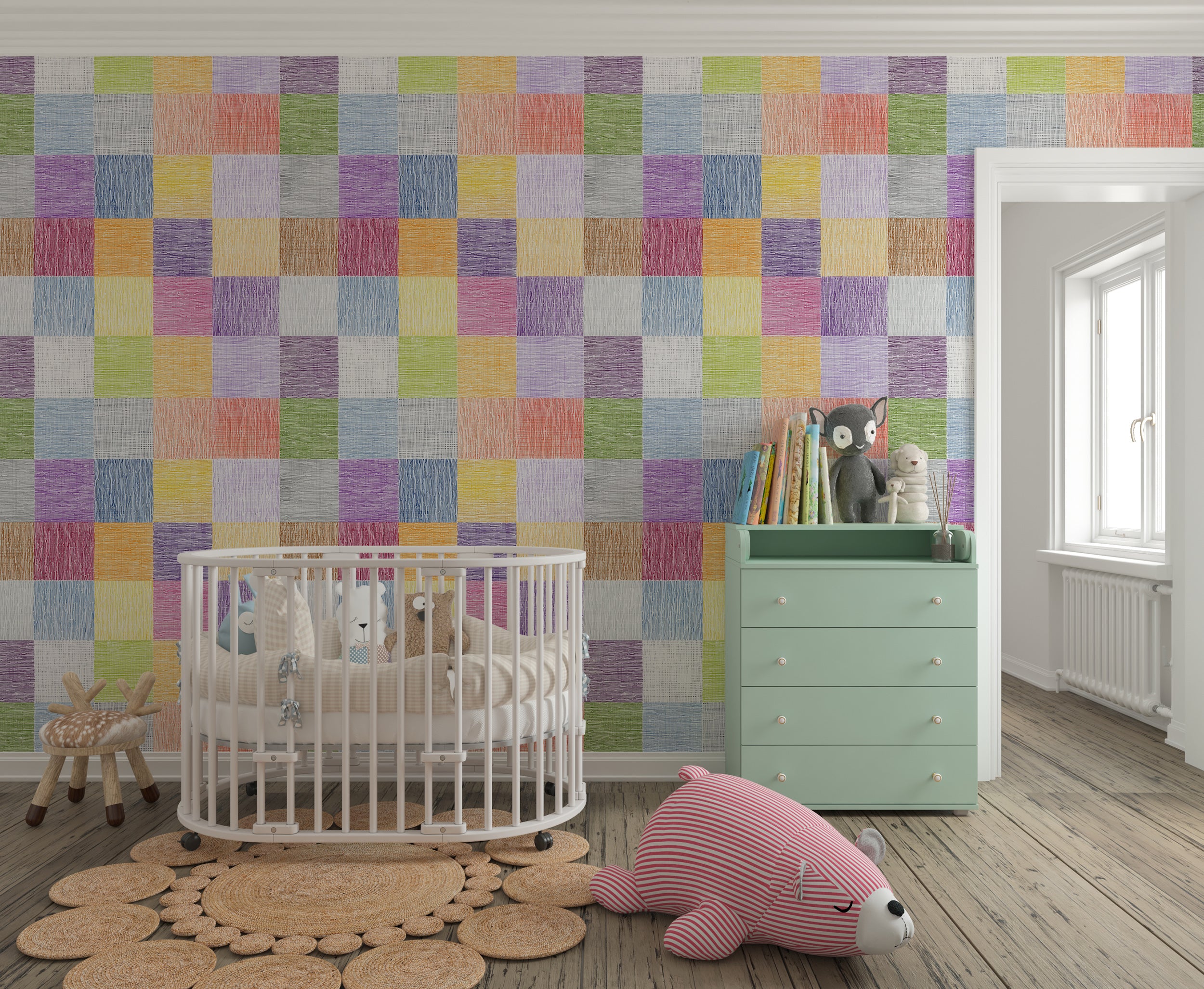 vibrant crayon texture wallpaper
colorful nursery wall mural idea