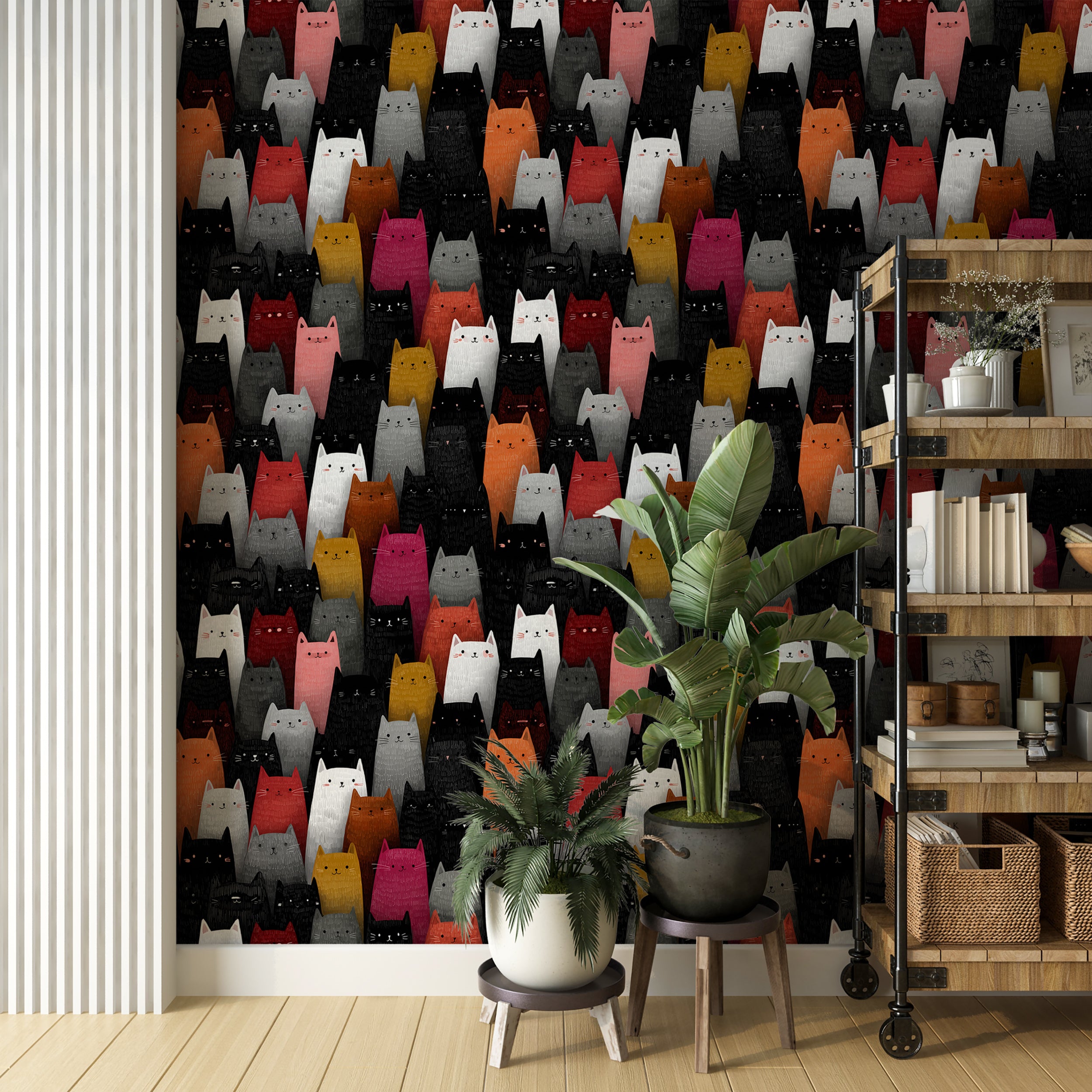 Mid Century Modern Cat Wallpaper Dark Whimsical Animal Pattern Playful Wall Decor