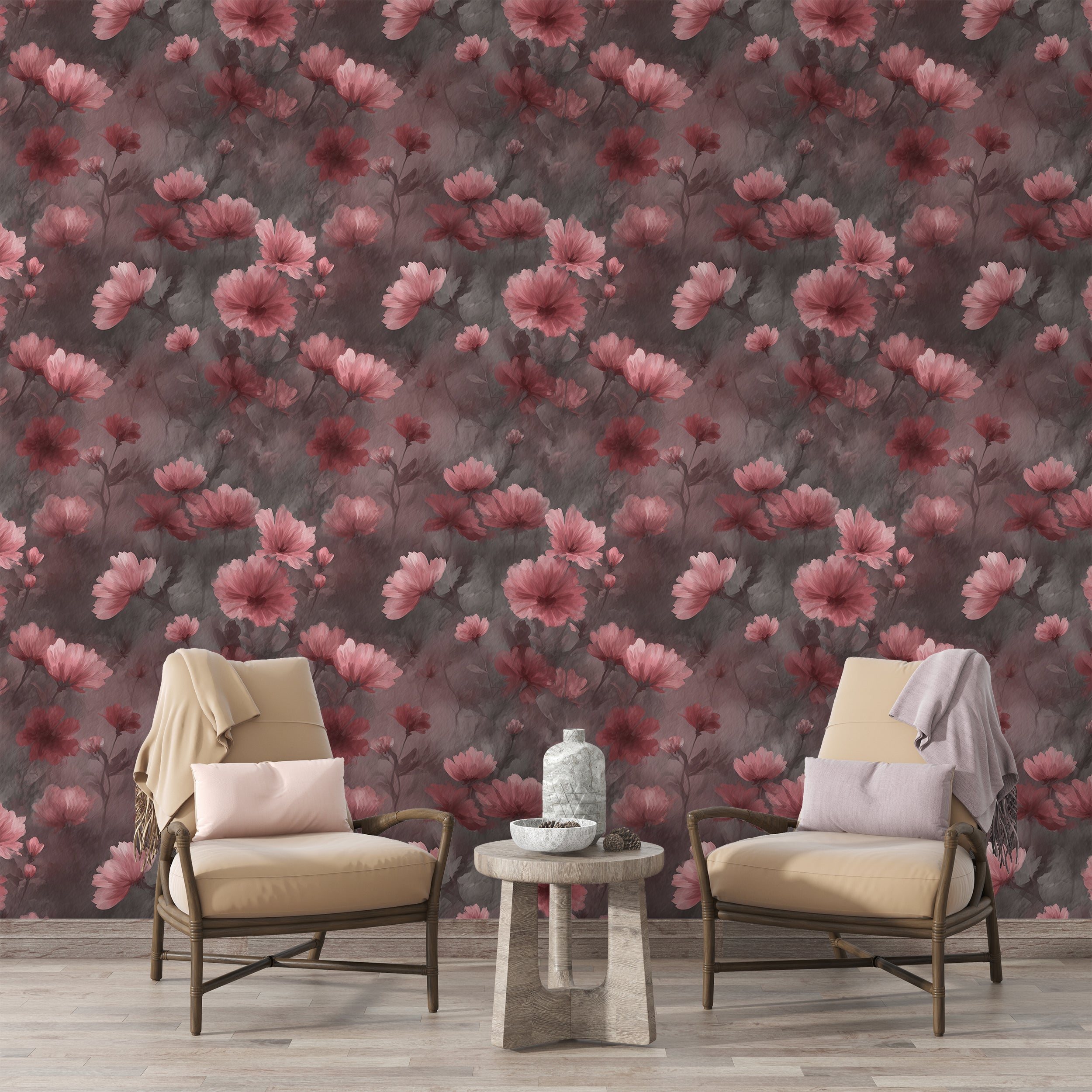 Dark Pink Watercolor Floral Wallpaper Romantic Flower Vintage Style Botanical Wall Decor
