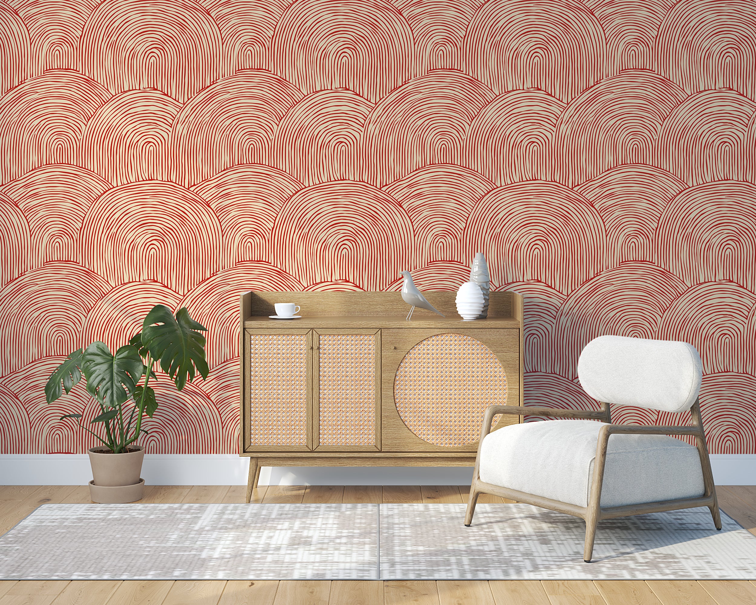 Red Arch Line Wallpaper Minimalist Hand Drawn Ramen Pattern Modern Scandinavian Accent Wall Decor