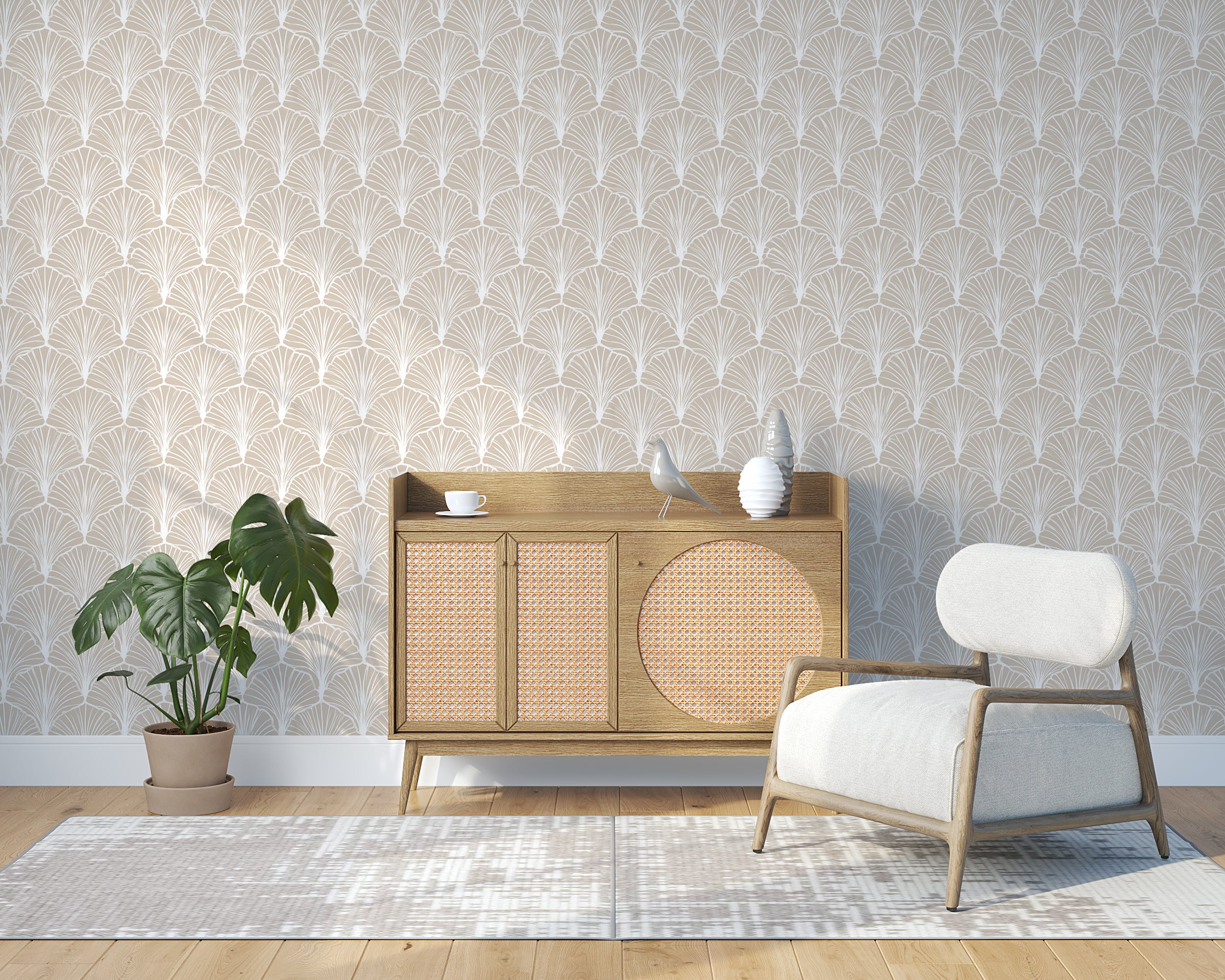 Neutral Beige Ginkgo Leaf Wallpaper Subtle Art Deco Style Repeating Botanical Pattern Elegant Minimal Look