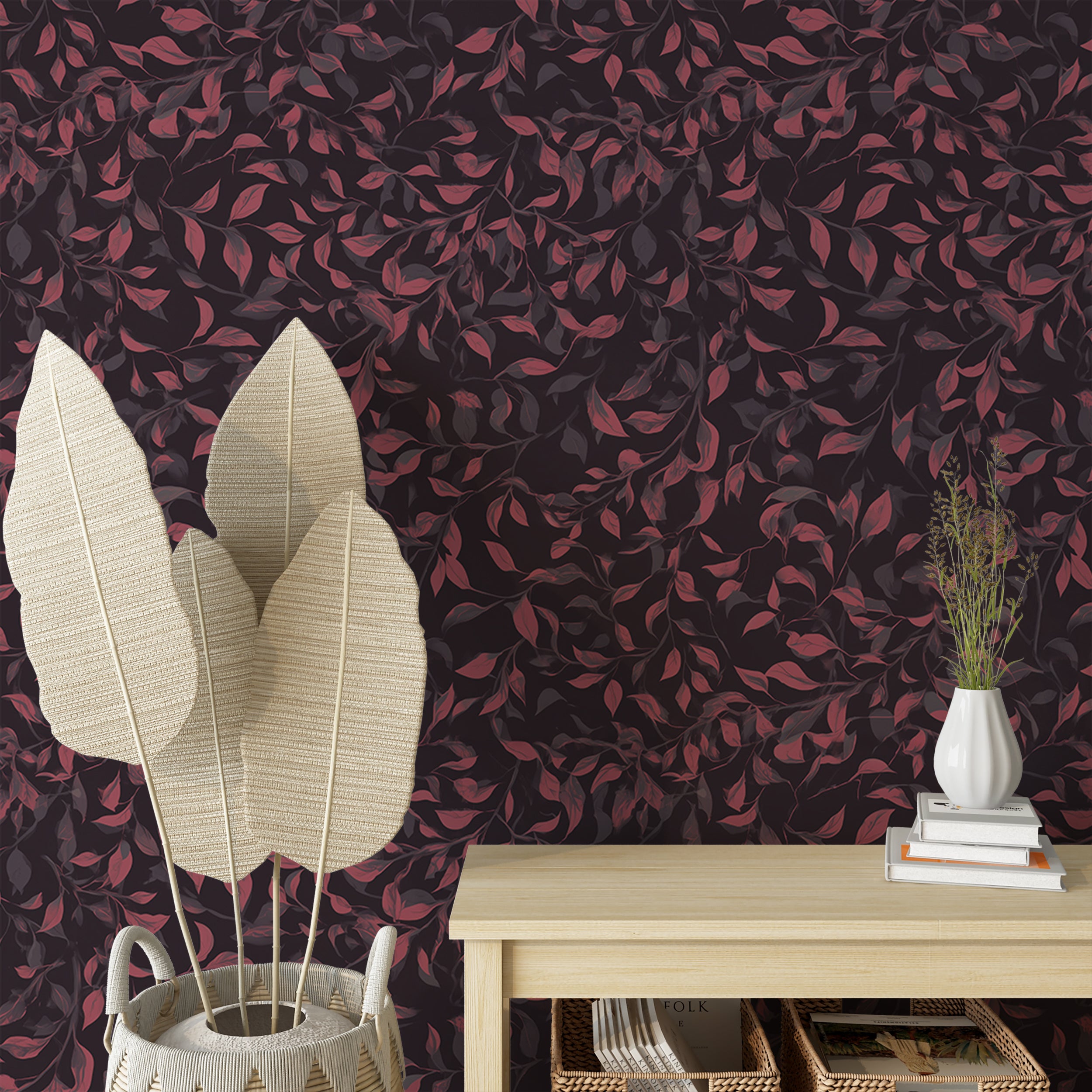 Elegant forest vine leaf wall covering
Organic flowing red leaf wallpaper pattern