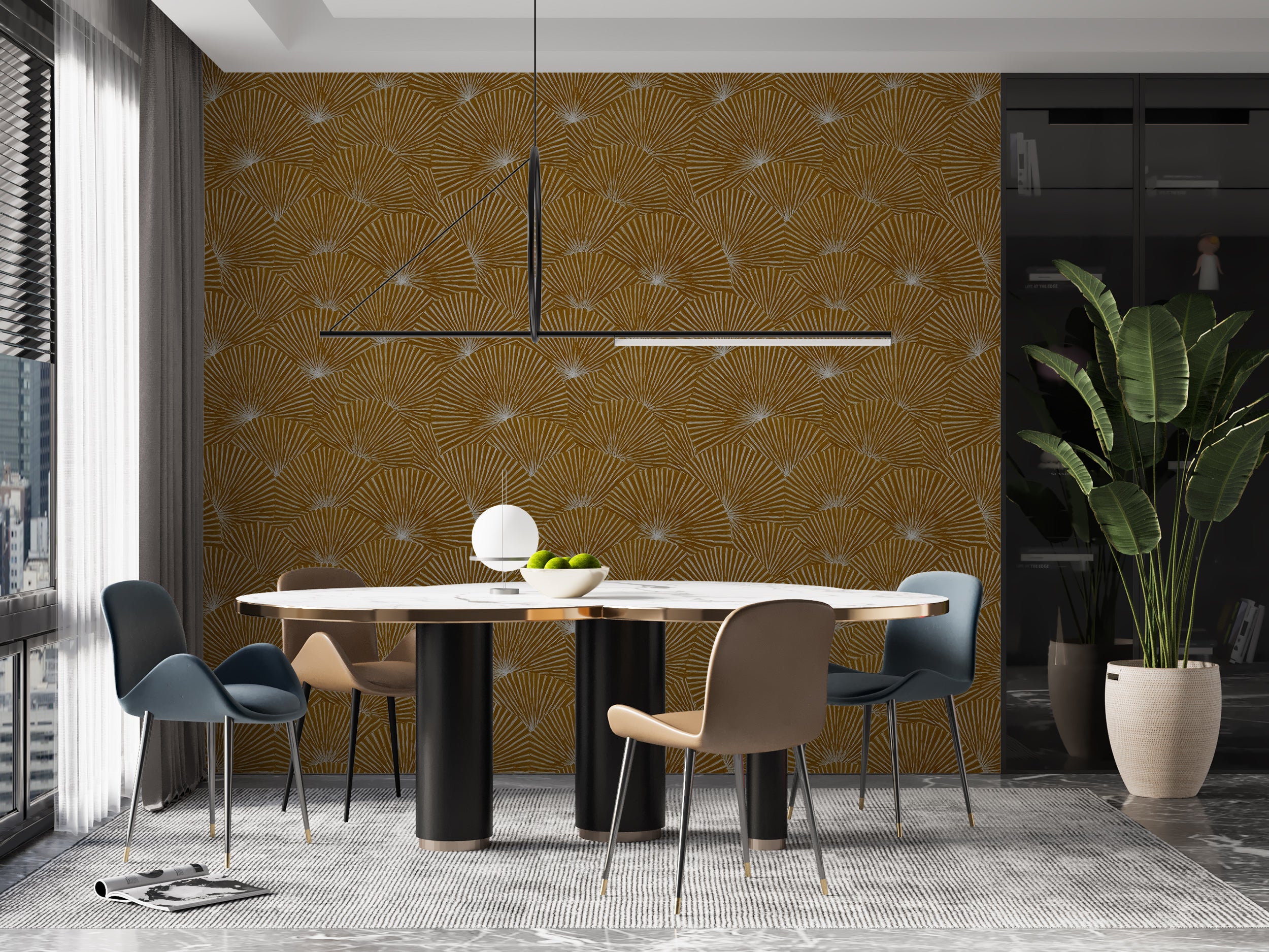 Mustard gold fan shaped wallpaper texture
Hand drawn gold fan wallpaper print