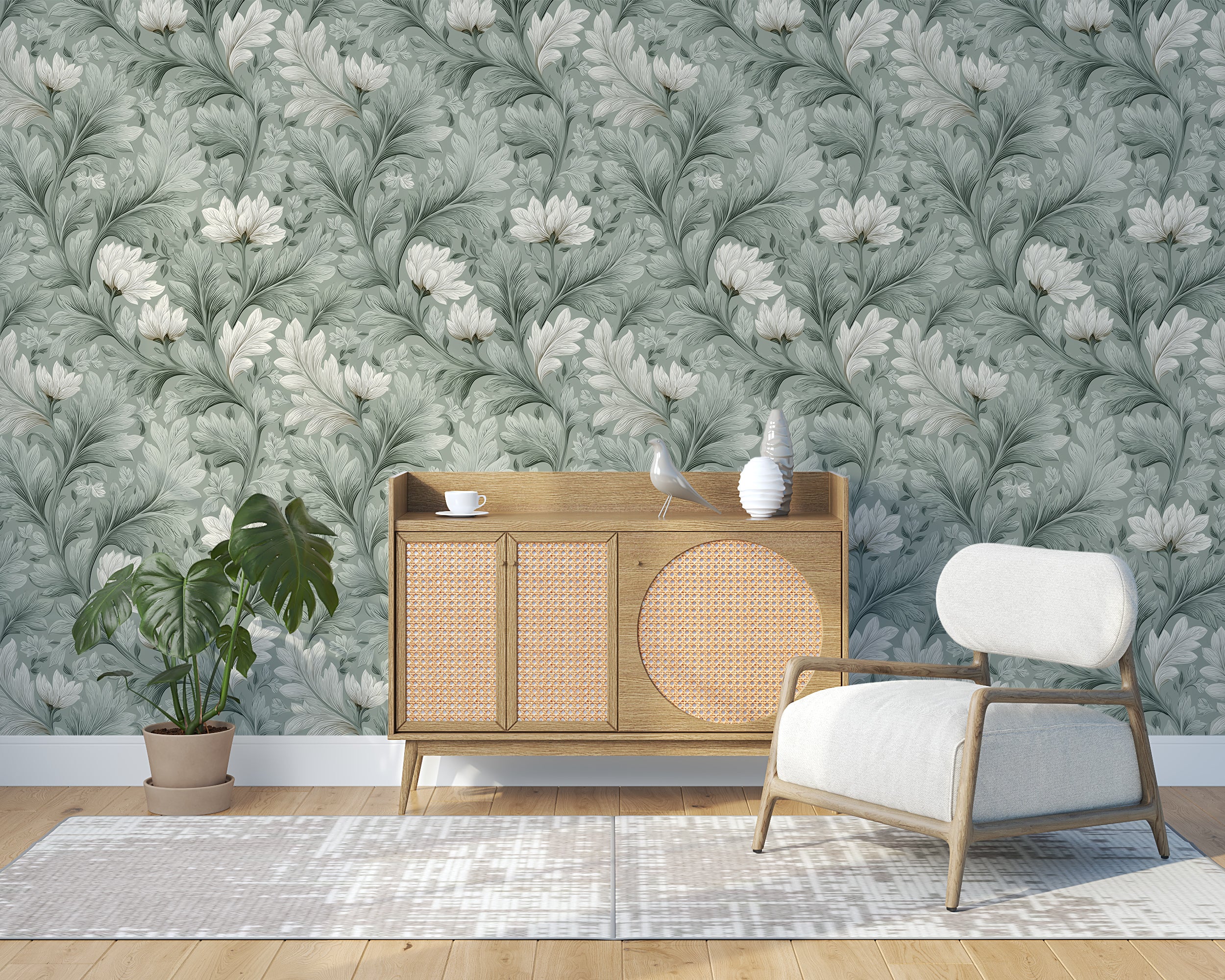 Soft Green Floral Wallpaper Elegant Botanical Pattern with Flowing Leaves and Hand Drawn White Flowers