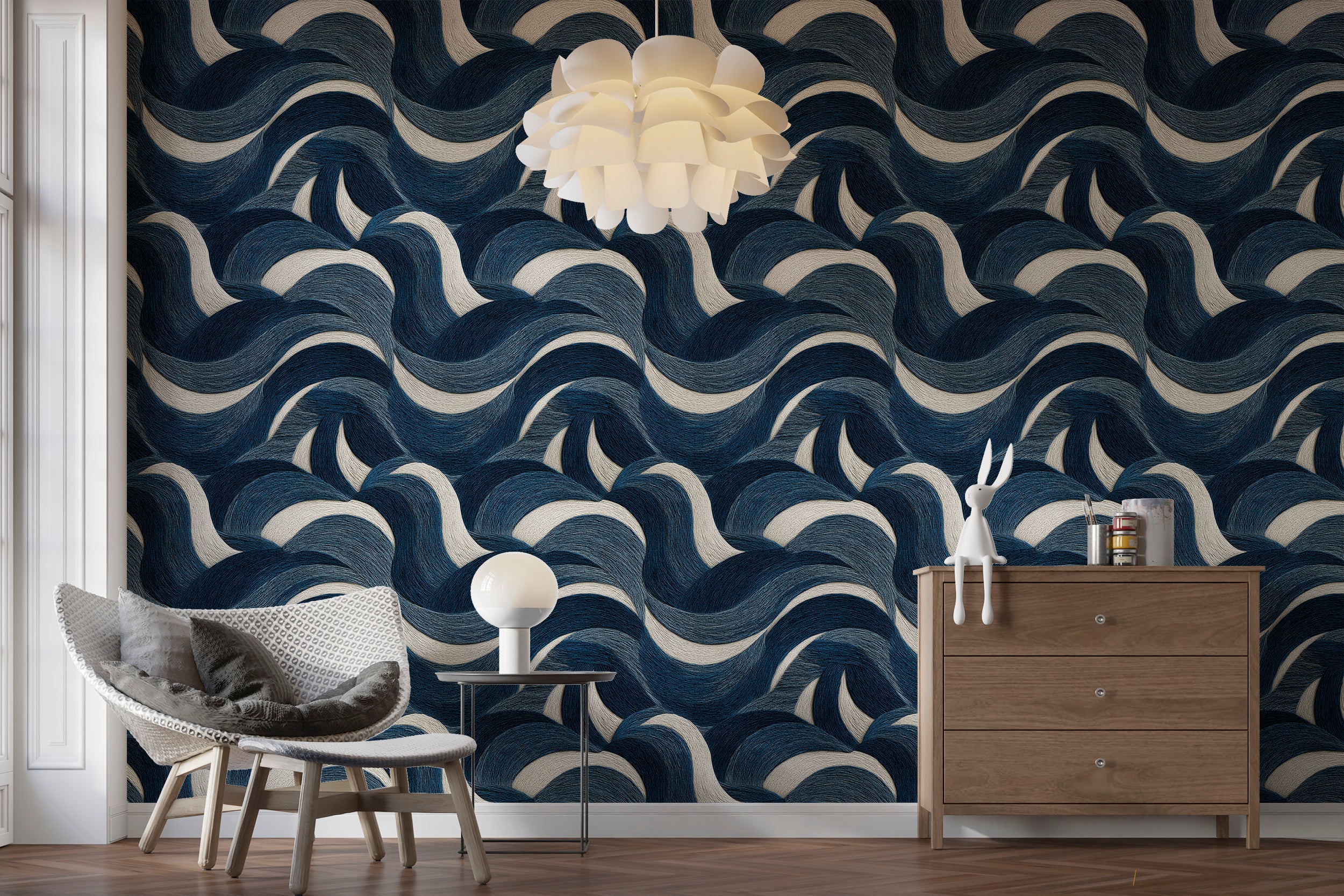 Curved Navy And Beige Wave Wallpaper Pattern With Textured Look And Artistic Hand Drawn Brush Stroke Effect