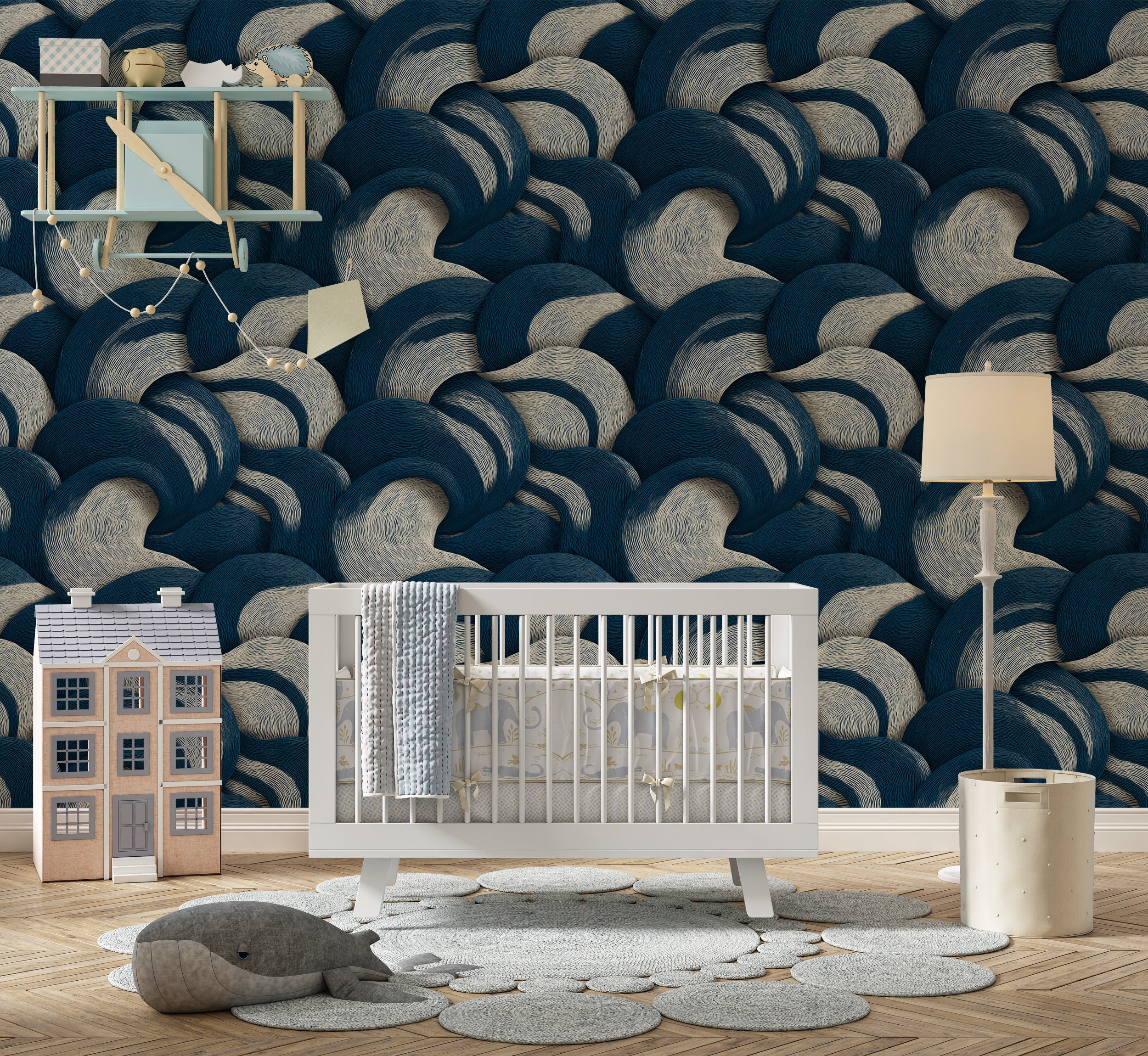 Blue White Abstract Wavy Wallpaper With Overlapping Curved Shapes And Hand Drawn Line Texture Modern Design