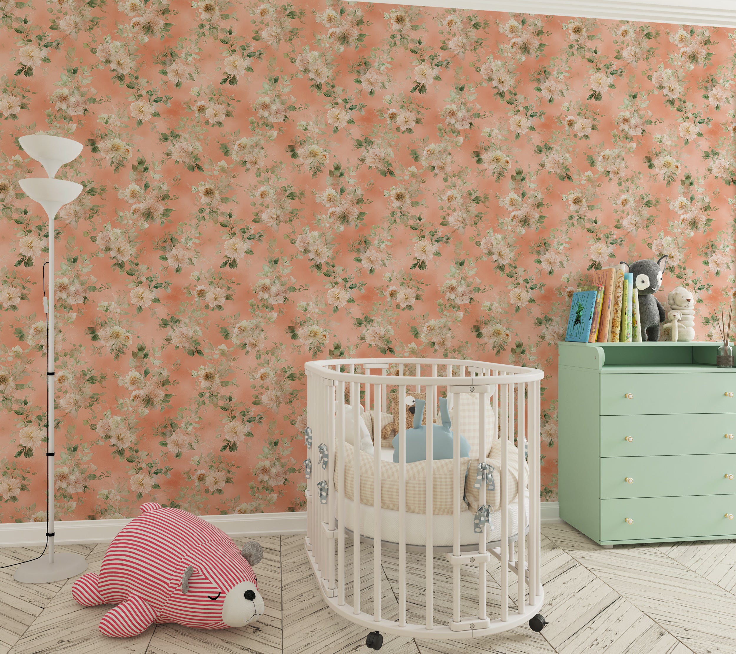 Peach Floral Wallpaper with Soft White Petal Bouquets and Light Green Leaves in Watercolor Botanical Vintage Wall Pattern