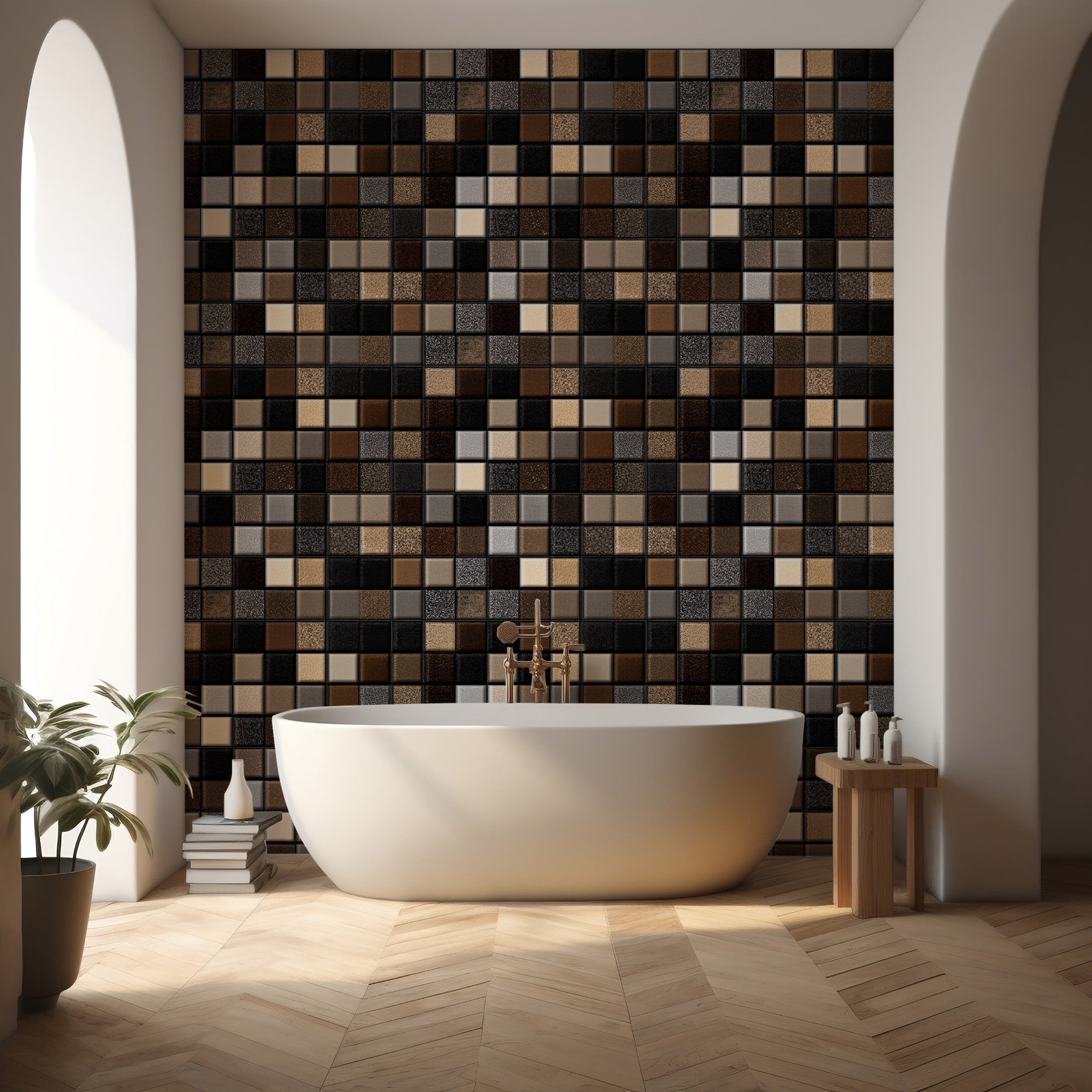 Warm earth tone ceramic tile wallpaper
Beige and brown glossy tiled wallpaper design