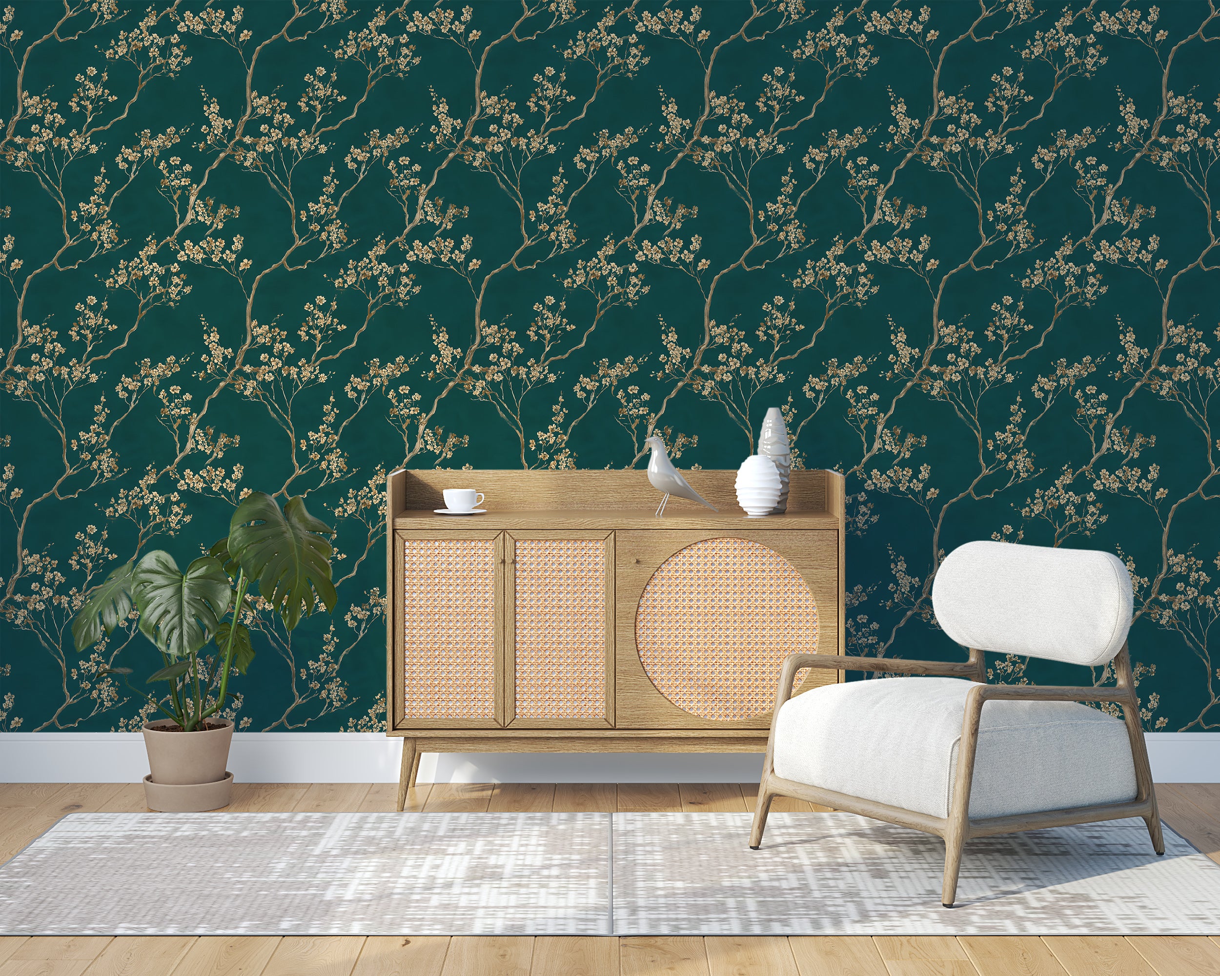Teal backdrop wallpaper with gold detailing
Hand-painted style teal floral wallpaper