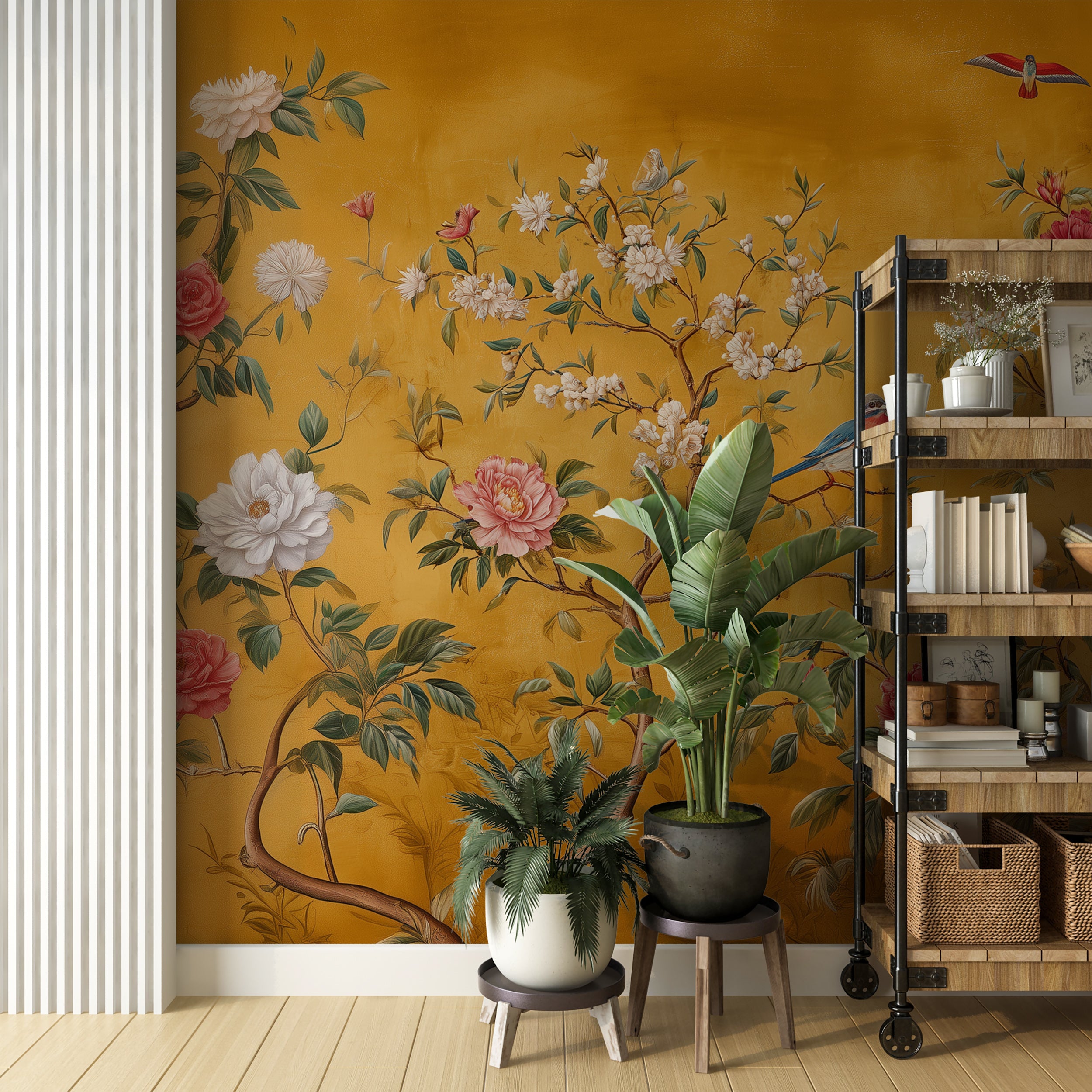 Chinoiserie Wall Mural Golden Floral Bird Wallpaper Vintage Oriental Garden Design Peony Blossom Butterflies Scenic Wall Art