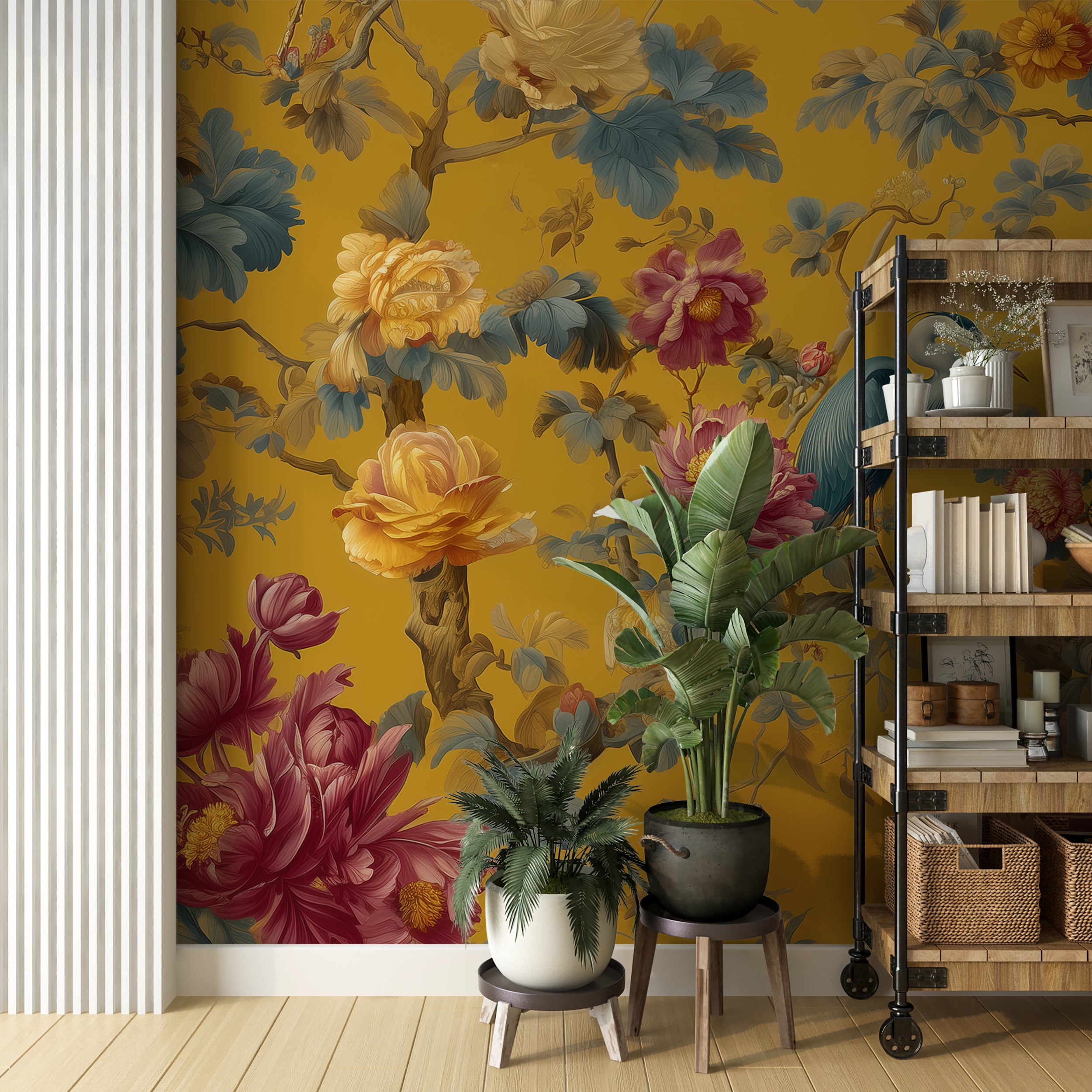Chinoiserie Wall Mural Yellow Floral Bird Wallpaper Peony Blossom Branches Oriental Garden Scenic Wall Art Design