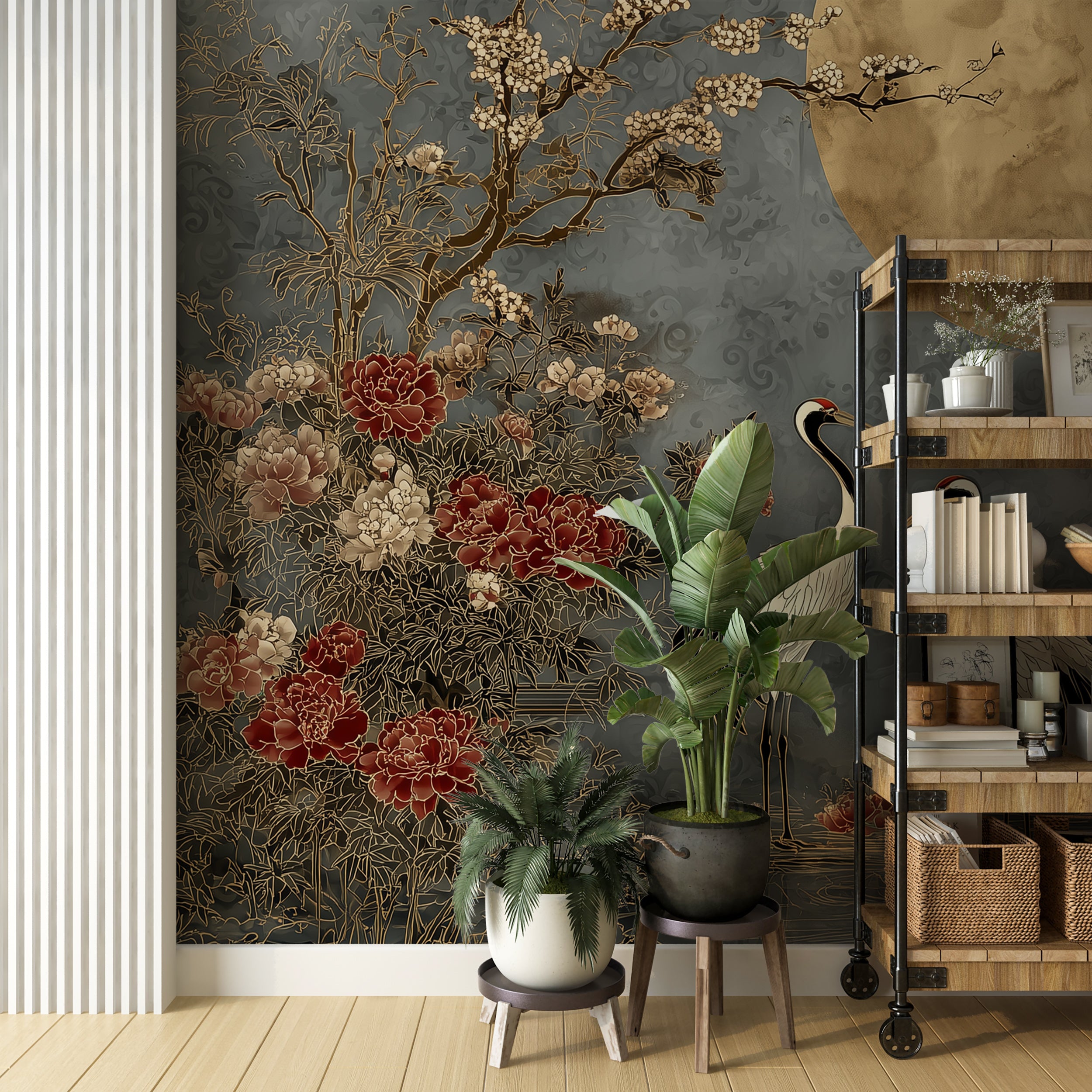 decorative chinoiserie mural cranes design
elegant oriental wallpaper with birds