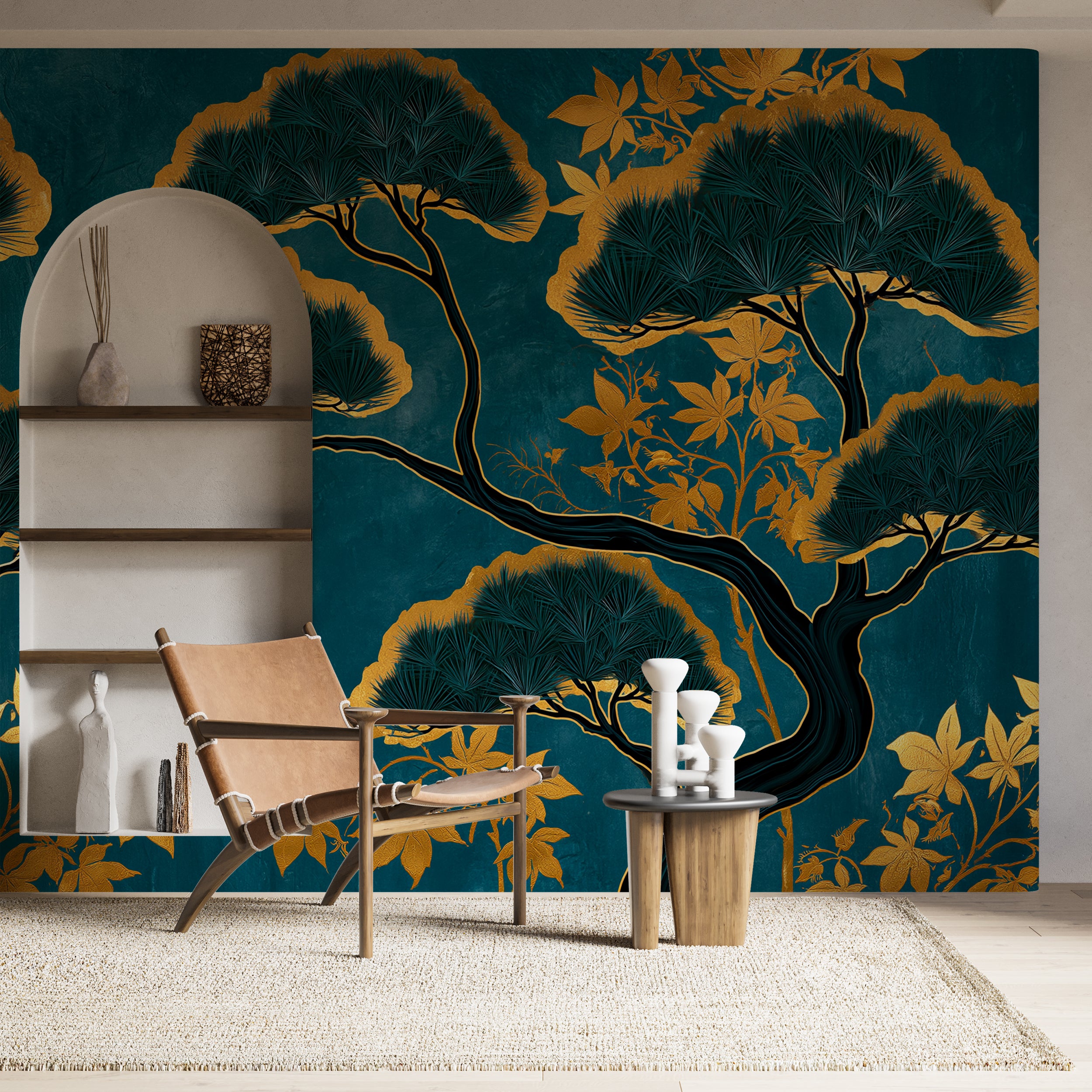 luxury botanical wallpaper asian tree pattern
statement wallpaper teal gold japanese design