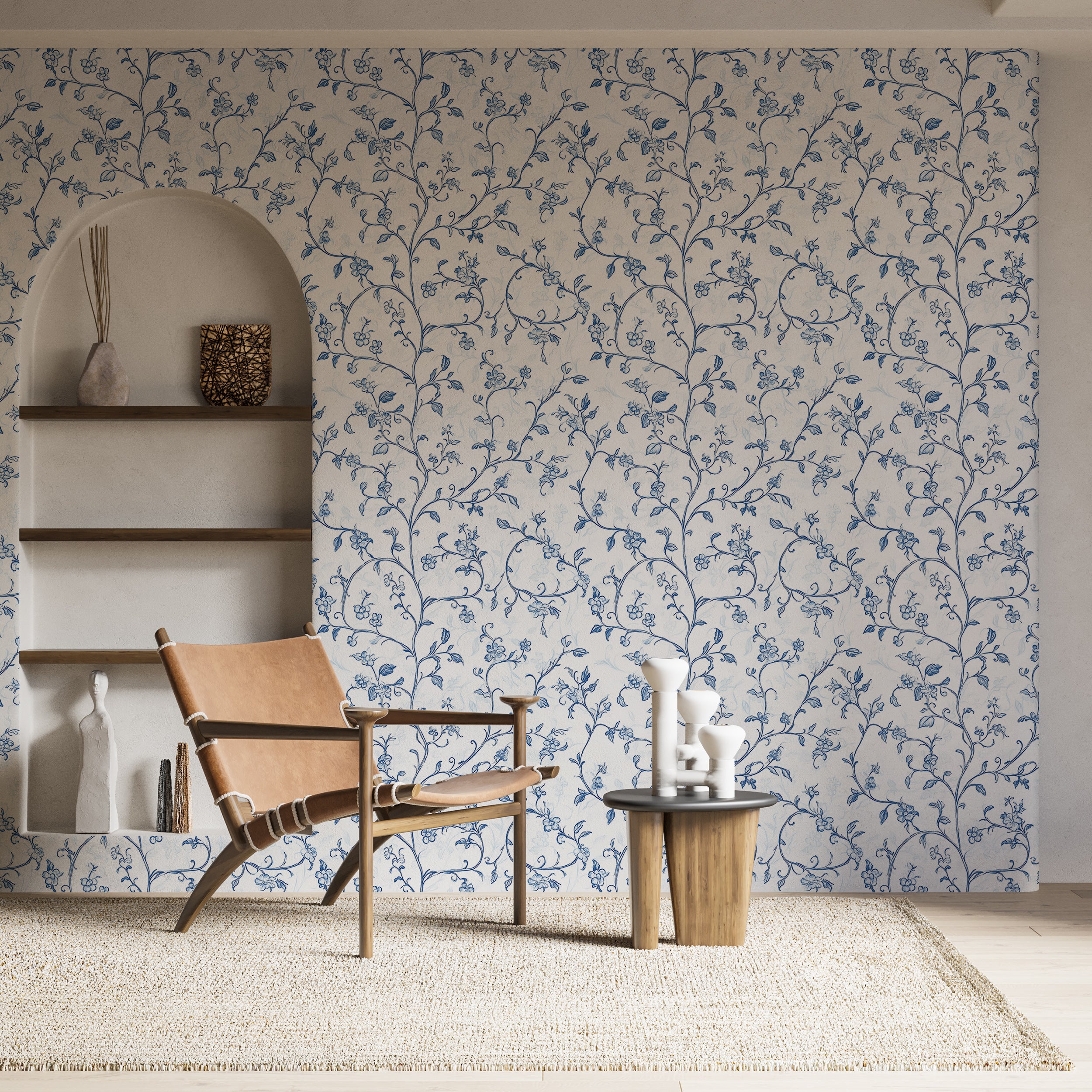 Delicate Blue Branches Wallpaper, Toile de Jouy Botanical Wall Decor, Peel and Stick Blue and White Classic Wallpaper