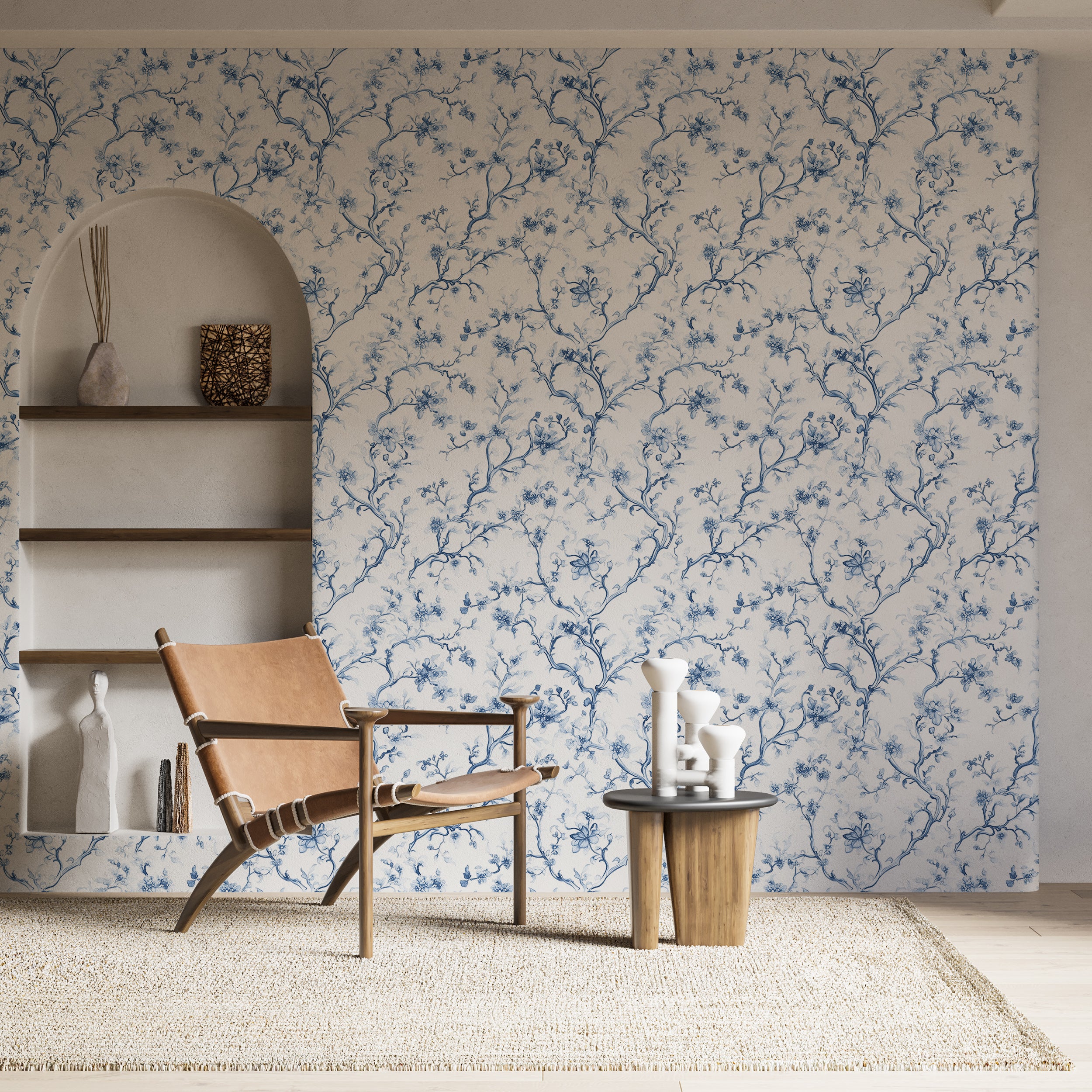 Classic French Botanical Wallpaper, Blue & White Branches Wallpaper, Peel and Stick Toile de Jouy Wall Decor