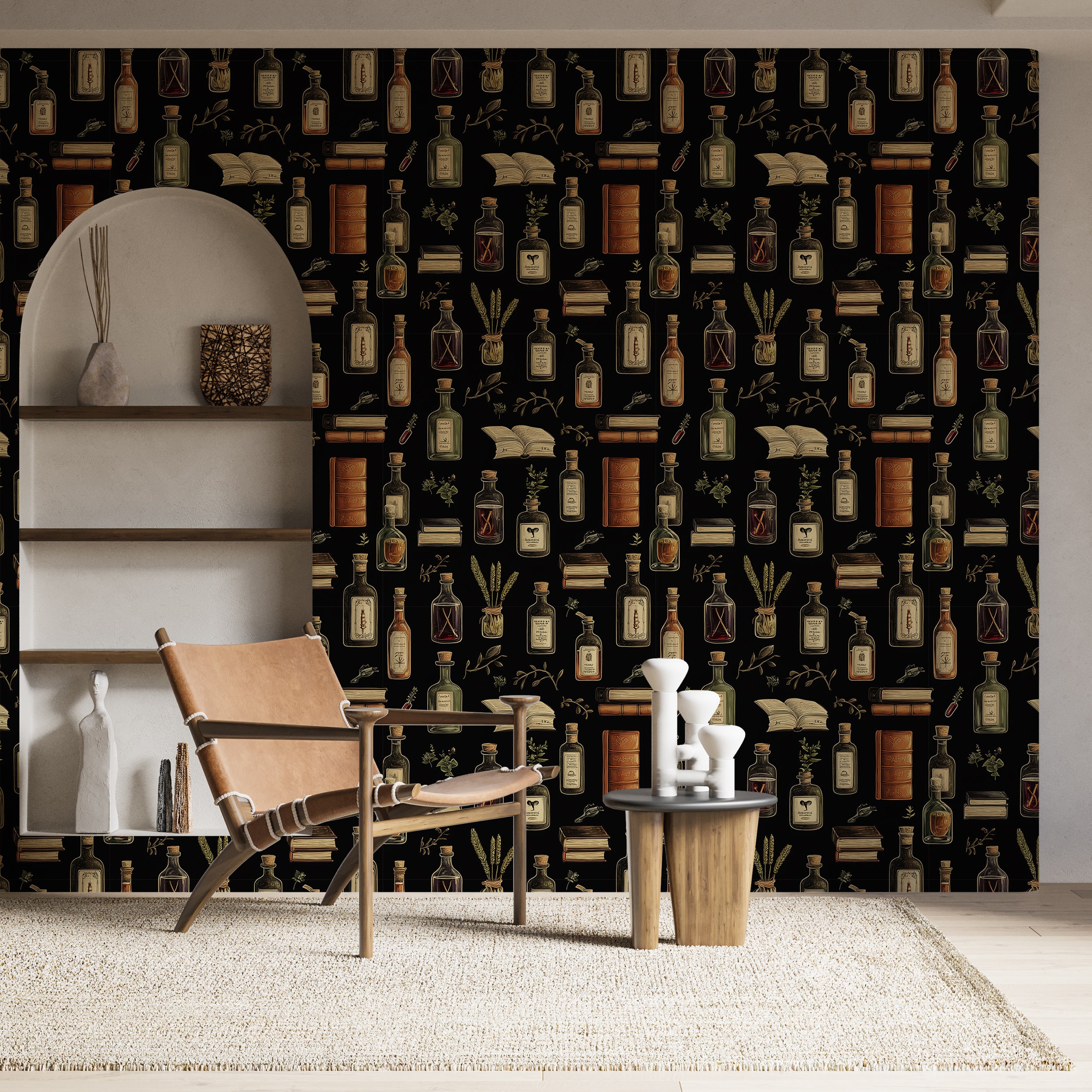Dark Academy wallpaper with alchemical symbols and books
Peel and stick wallpaper for creating an enchanted study room