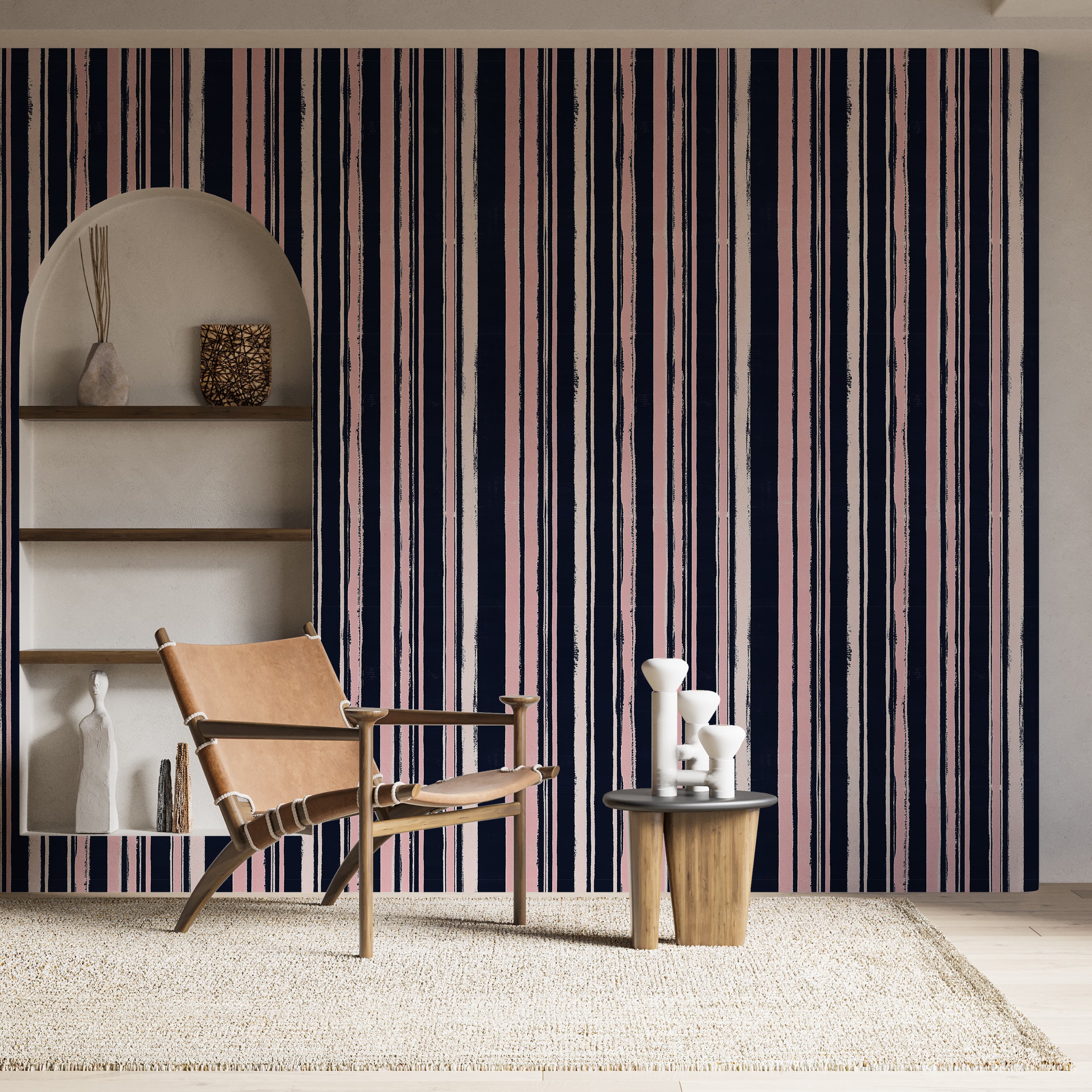 Dark blue and pink wallpaper for classic geometric interiors
Peel and stick striped wallpaper for structured wall decor