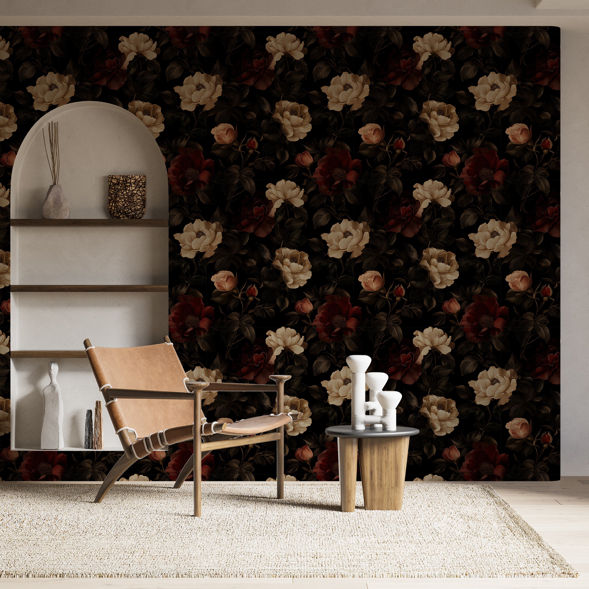 Dark Floral Wallpaper, Vintage Dark Botanical Wall Decor, Peel and Stick Old Style Flowers and Leaves Art