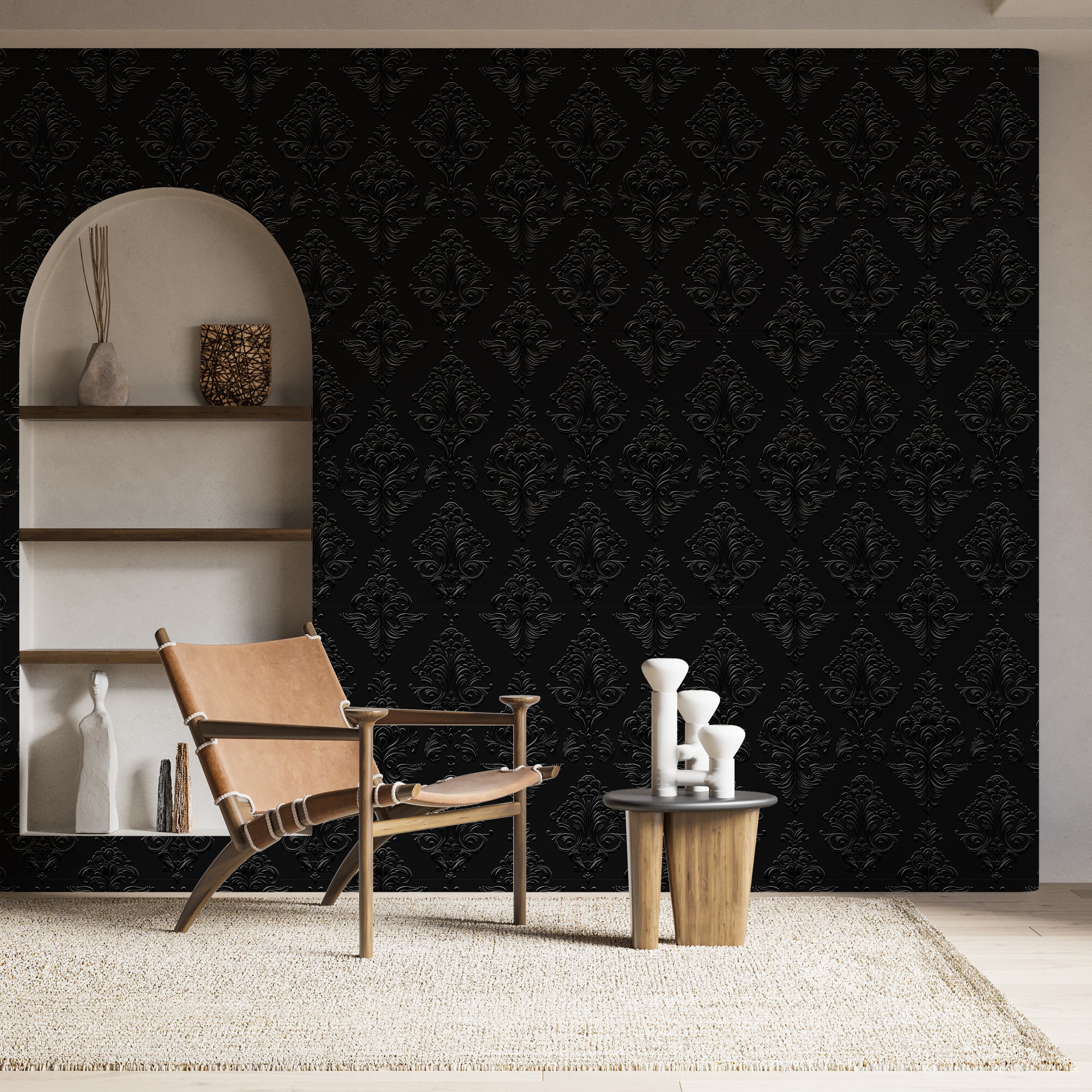 Black vintage wallpaper for hallways and feature walls
Dark traditional peel and stick wallpaper for refined decor