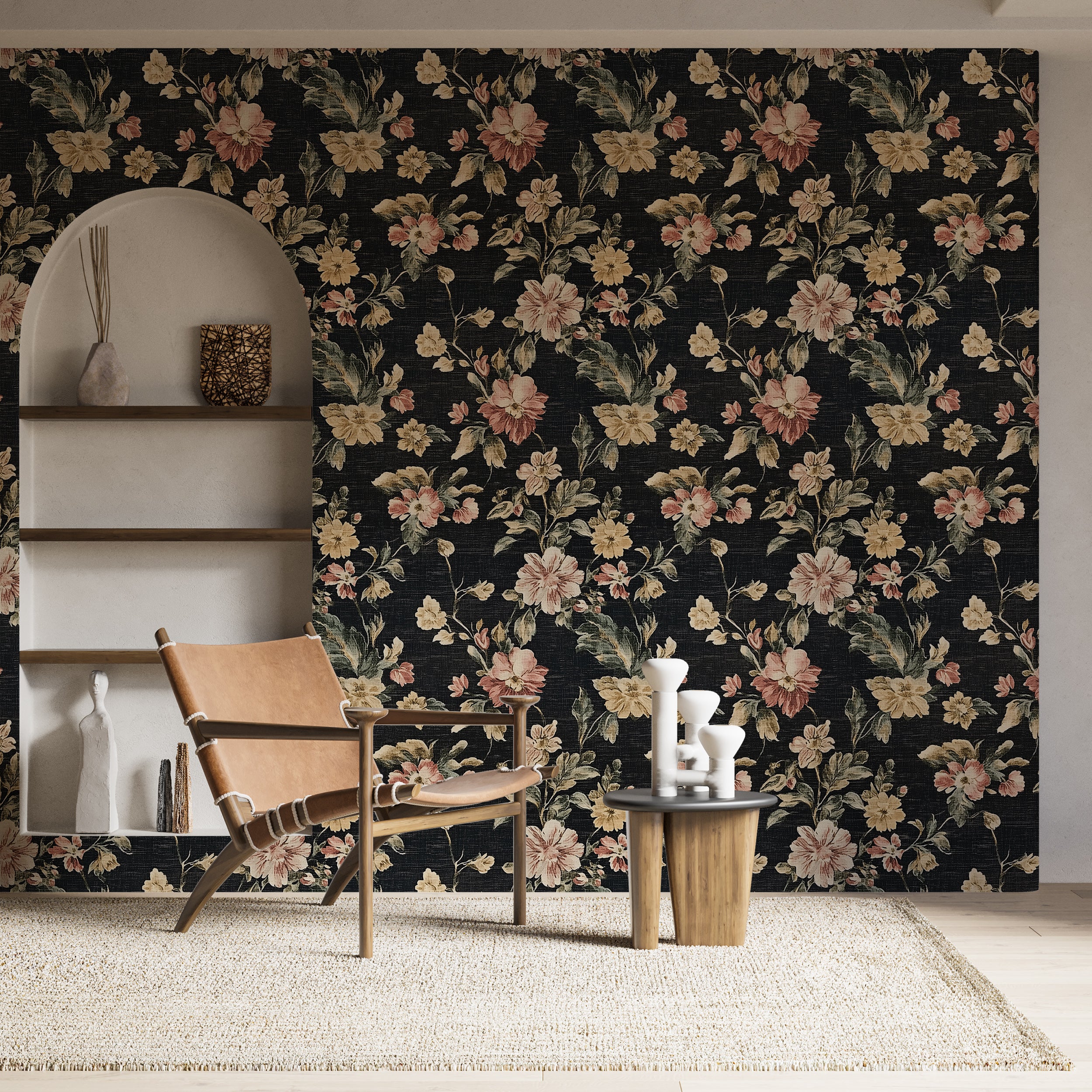 Classic botanical wall decor with dark background and vibrant flowers
Black linen floral wallpaper for elegant home spaces