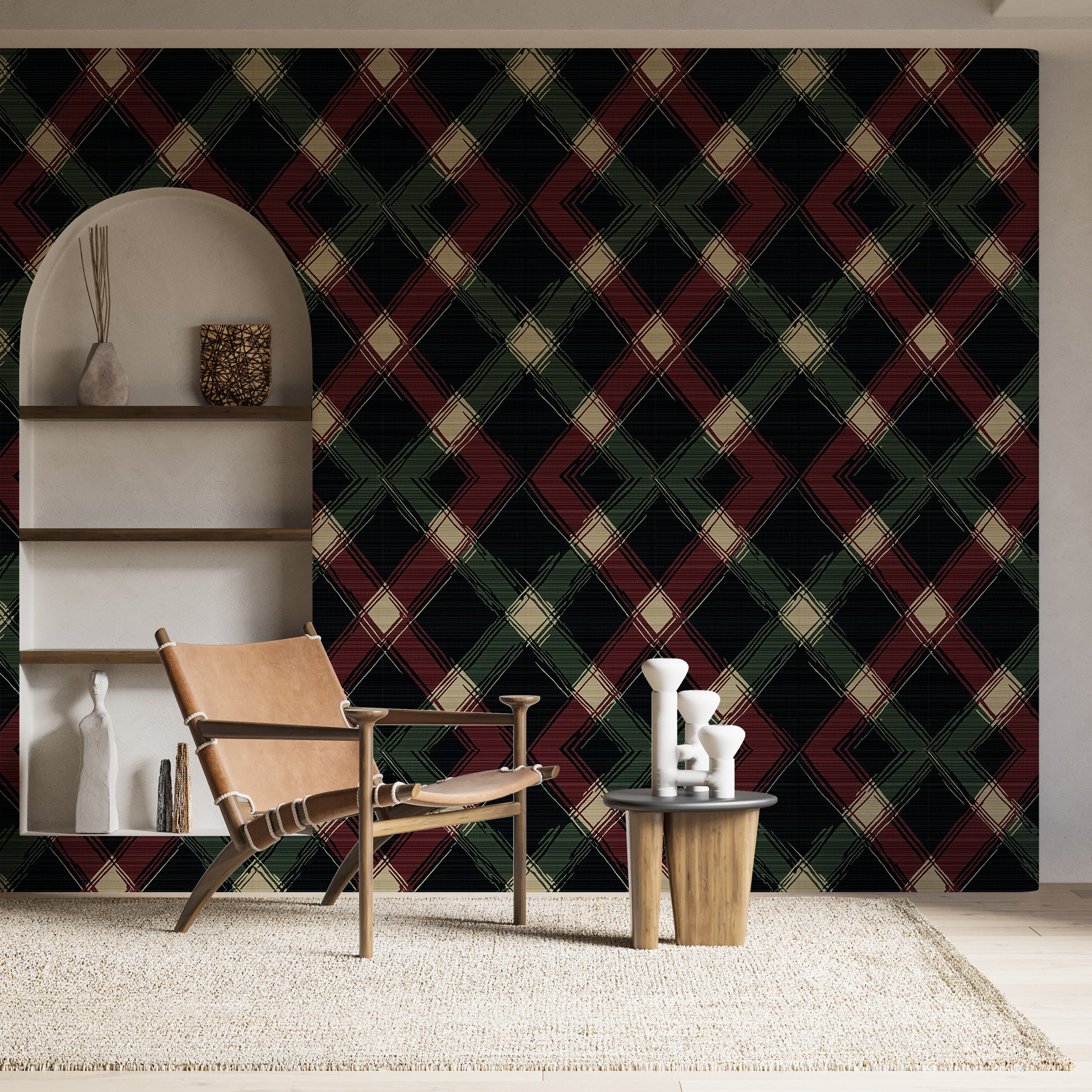 Peel and stick plaid wallpaper for living rooms and studies
Classic Scottish tartan wallpaper for heritage-inspired decor