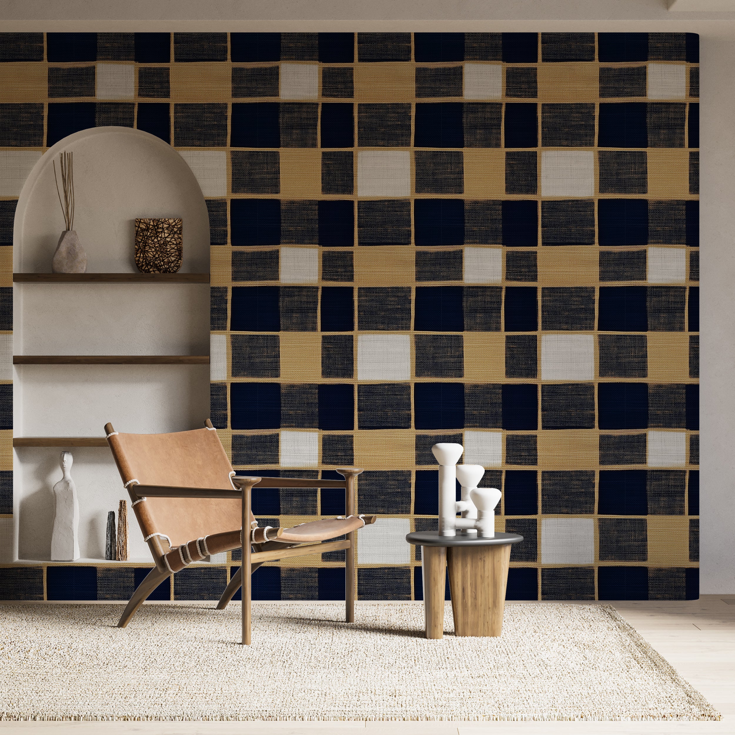 Peel and stick wallpaper with gold and blue squares for stylish walls
Elegant geometric wallpaper with gold accents for modern rooms