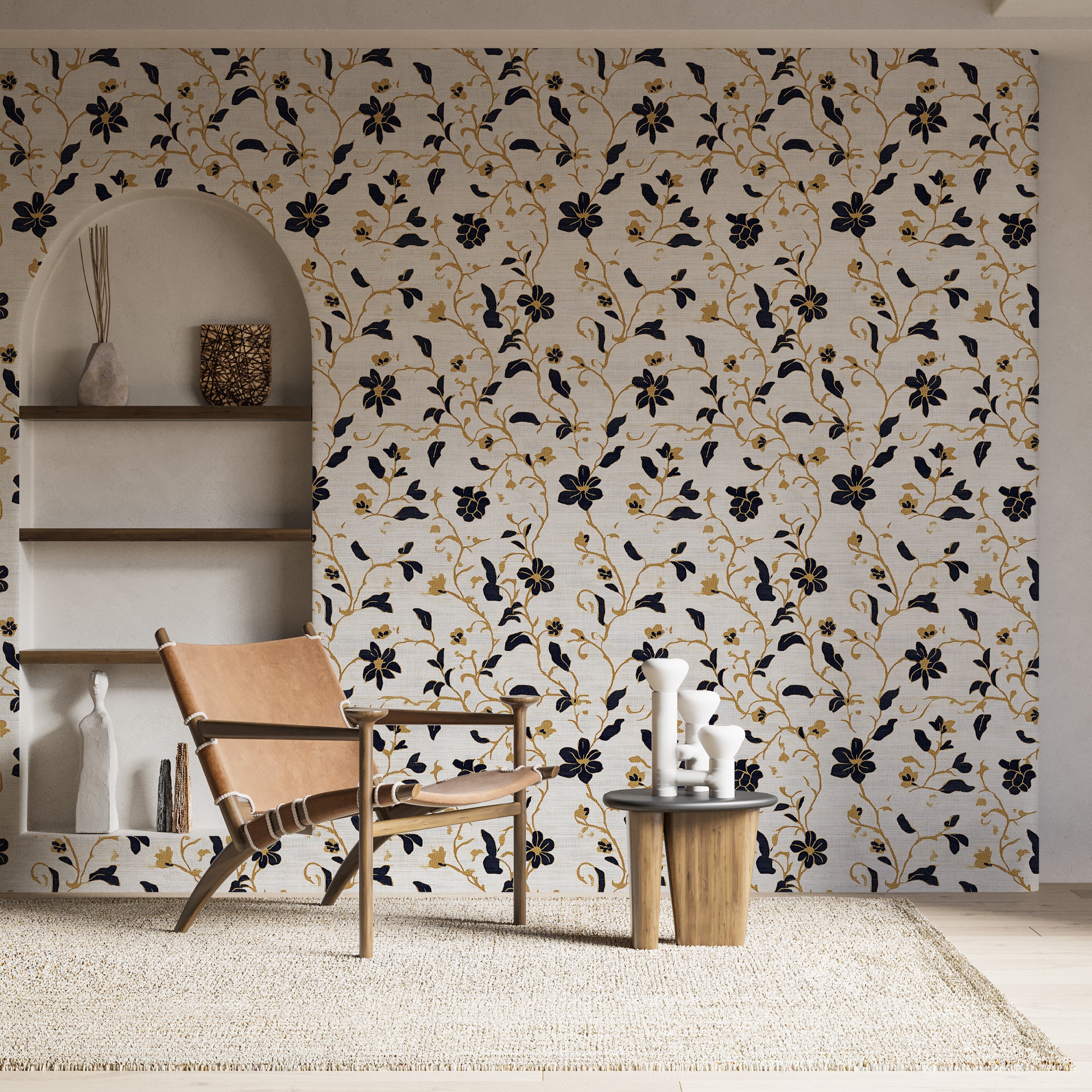 Luxurious Light Floral Wallpaper, Black and Gold Flowers on White Background Wallpaper, Vintage Botanical Wall Decor