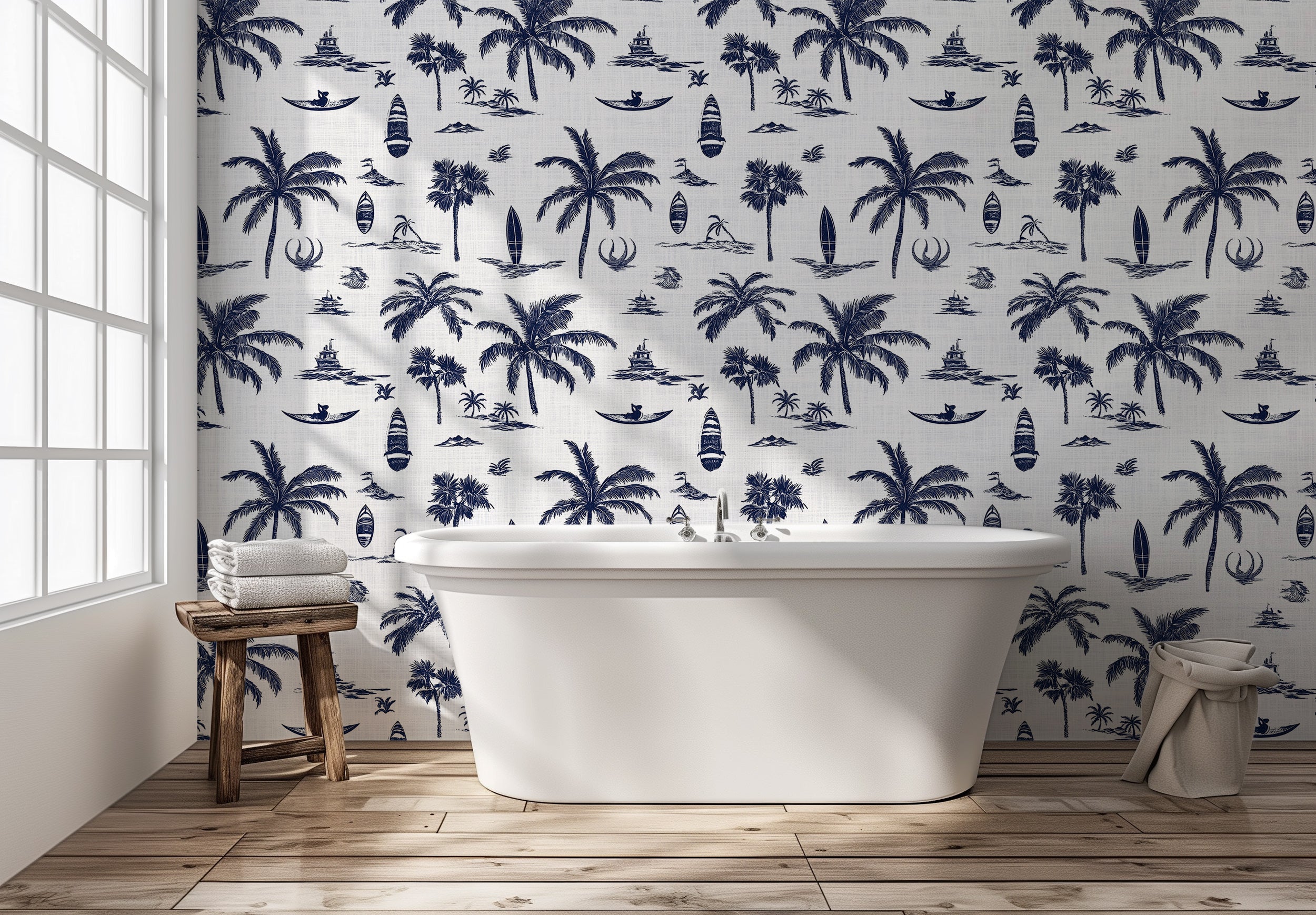 Papel tapiz con símbolos tropicales en azul y blanco, decoración de pared con estampado de palmeras y tablas de surf, arte costero autoadhesivo.