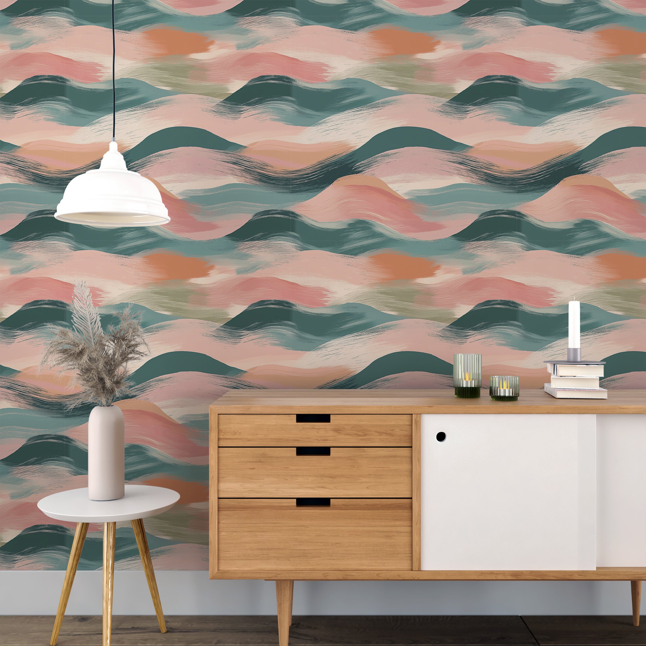 Pink and green abstract waves wallpaper for modern decor
Peel and stick pastel colors wallpaper with wavy lines