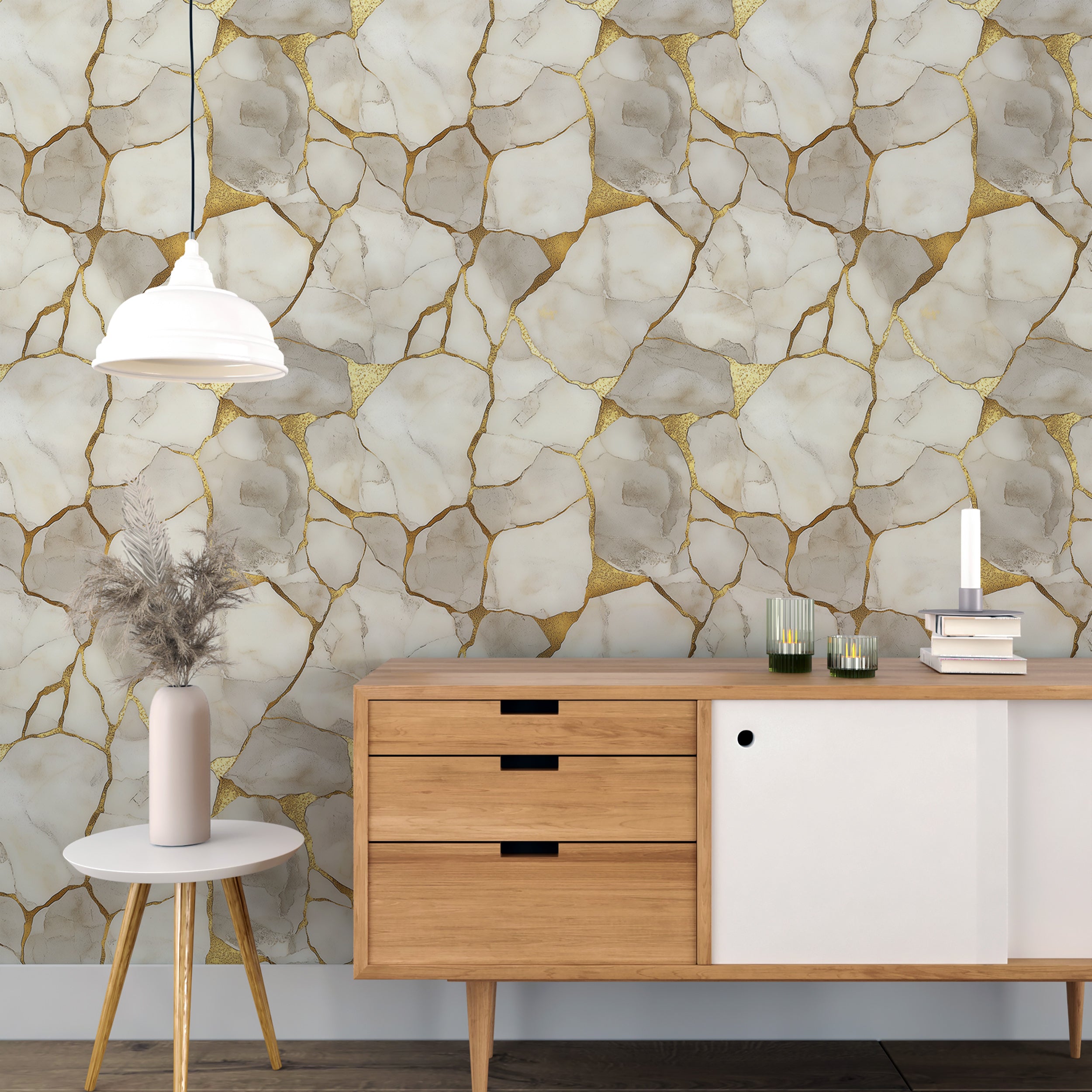 White Marble With Gold Foil Wallpaper, Light Stone Pattern Wall Decor, Peel and Stick Luxury Wall Marble