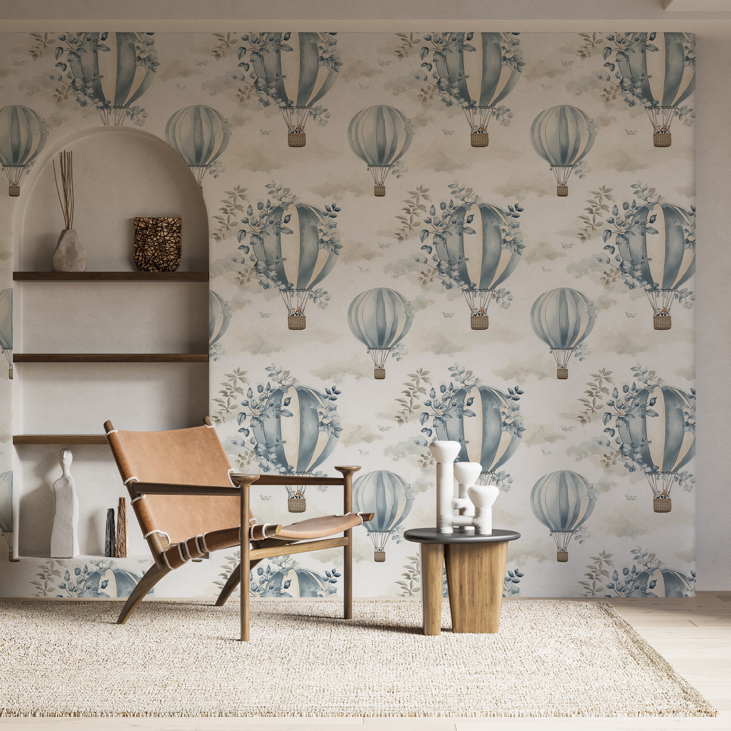 Soft gray botanical wallpaper with balloons.
Watercolor botanical mural for serene spaces.