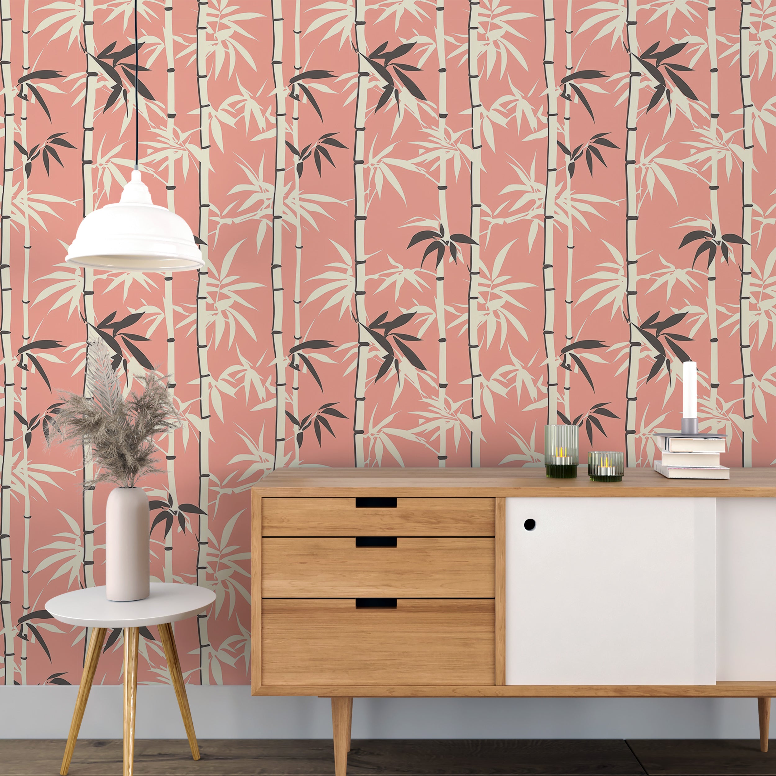 Removable peach bamboo mural for homes.
Mid-century modern wall covering with bamboo.