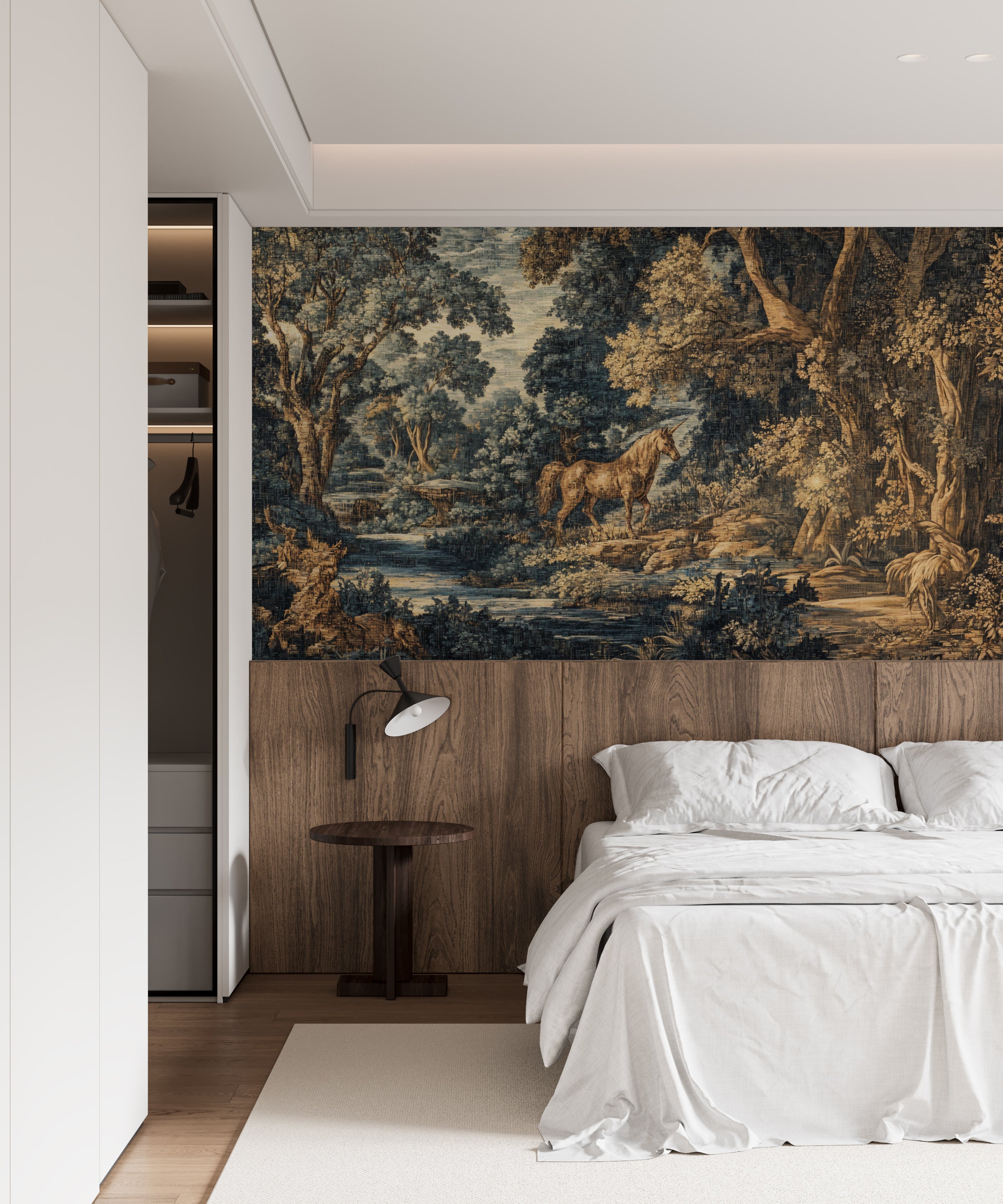 Vintage unicorn wall mural with Renaissance forest.
Peel-and-stick enchanted unicorn wallpaper.