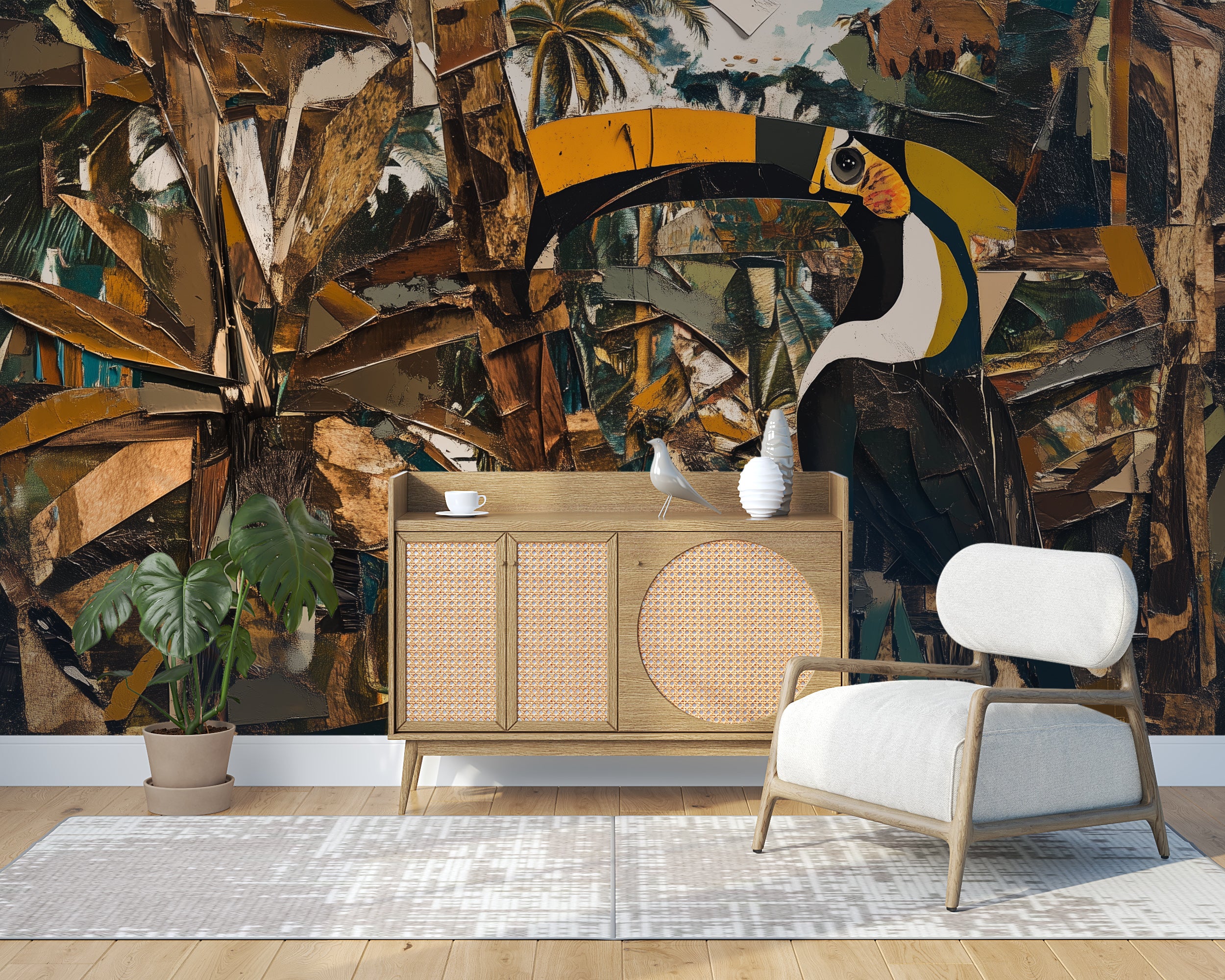 Toucan in the Jungle Oil Painting Style Wall Mural, Abstract Brown Forest Wall Art Decor, Peel and Stick Colorful Bird Mural