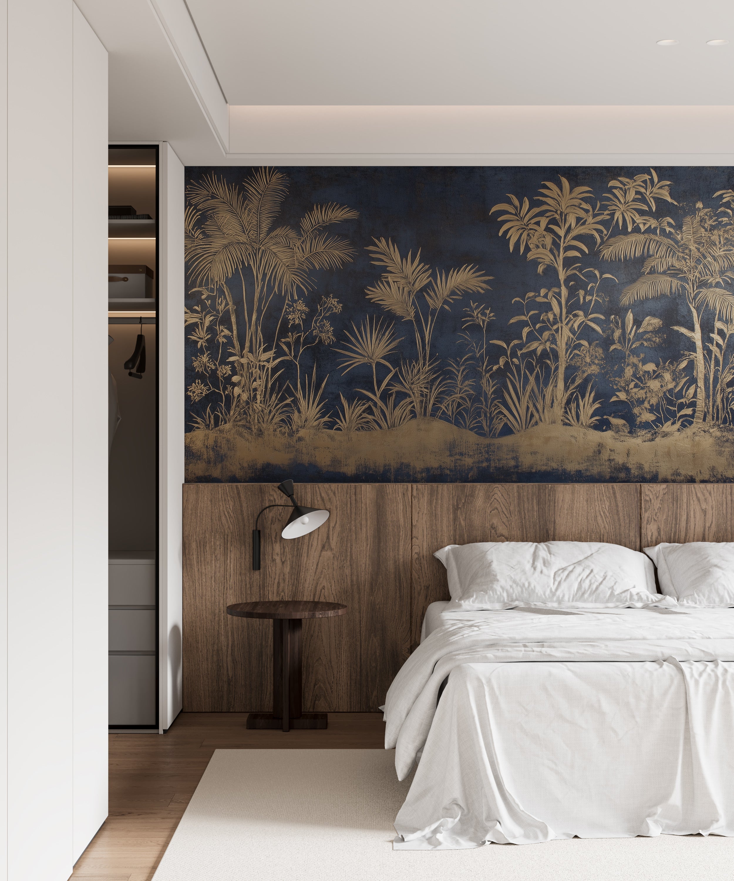 Vintage luxury wallpaper with exotic foliage.
Tropical forest mural with palm trees and neutral colors.