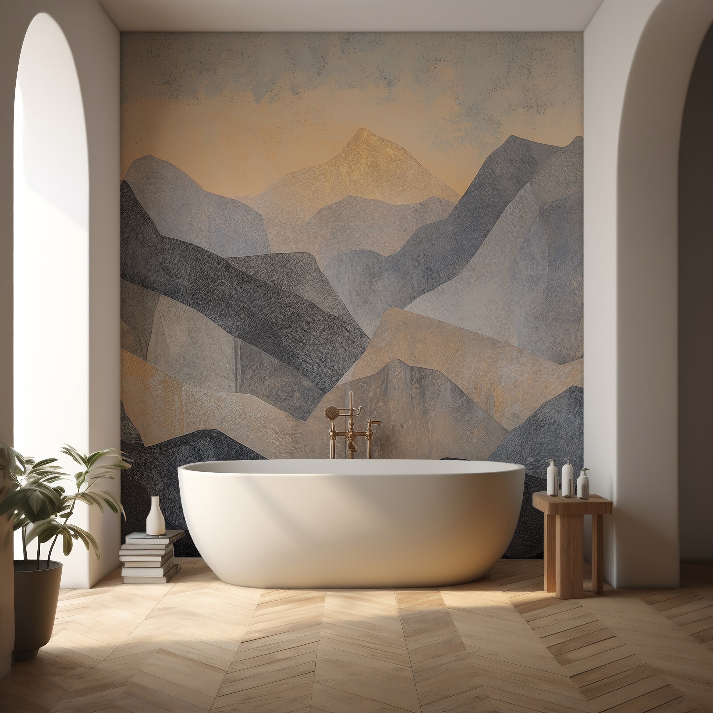 Soft grey and beige mountains mural.
Watercolor abstract rock mountain wallpaper.