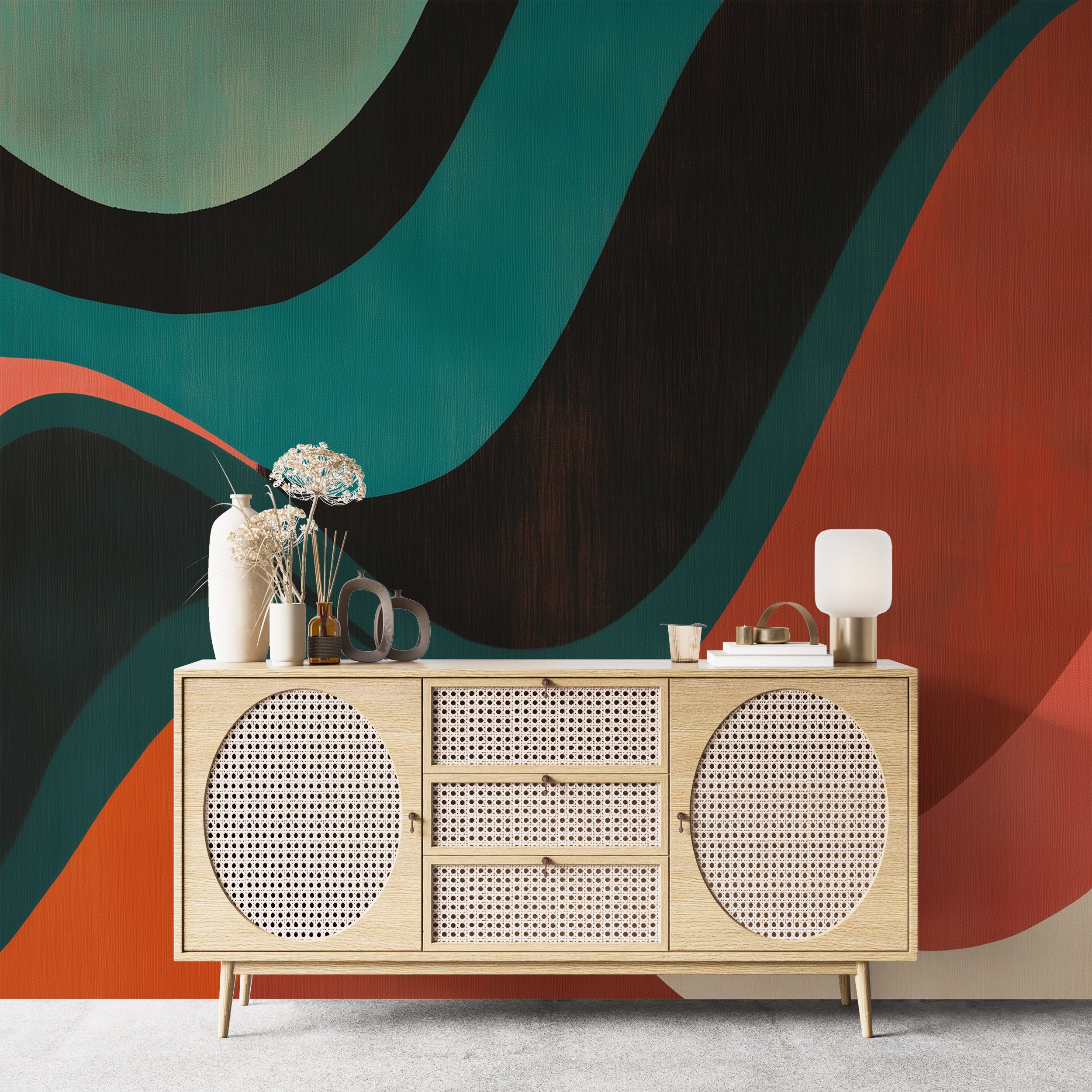 Bold green and red abstract mural.
Peel-and-stick colorful geometric wallpaper.