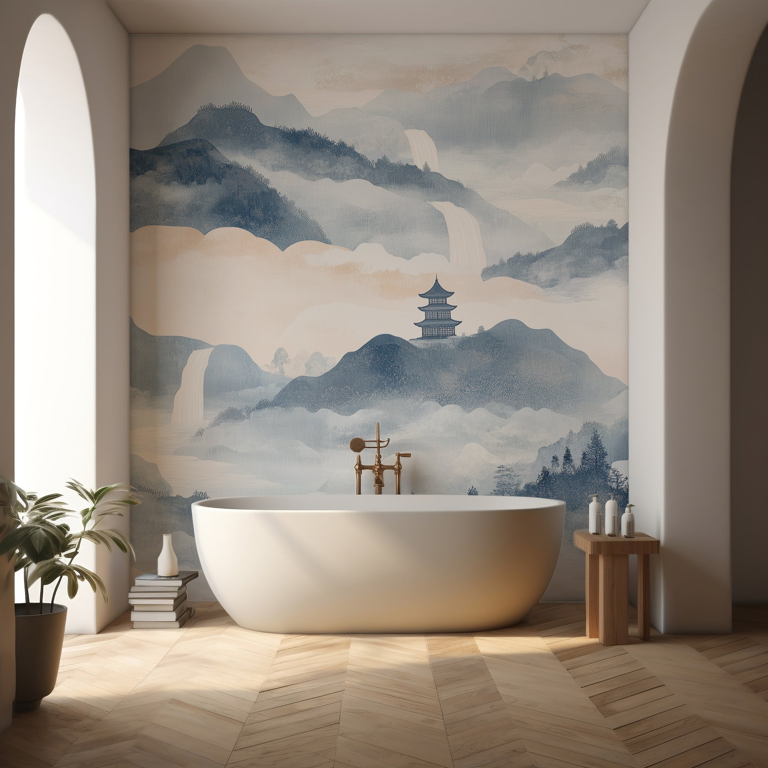 Peel-and-stick abstract nature wallpaper.
Elegant blue and white scenic mural.