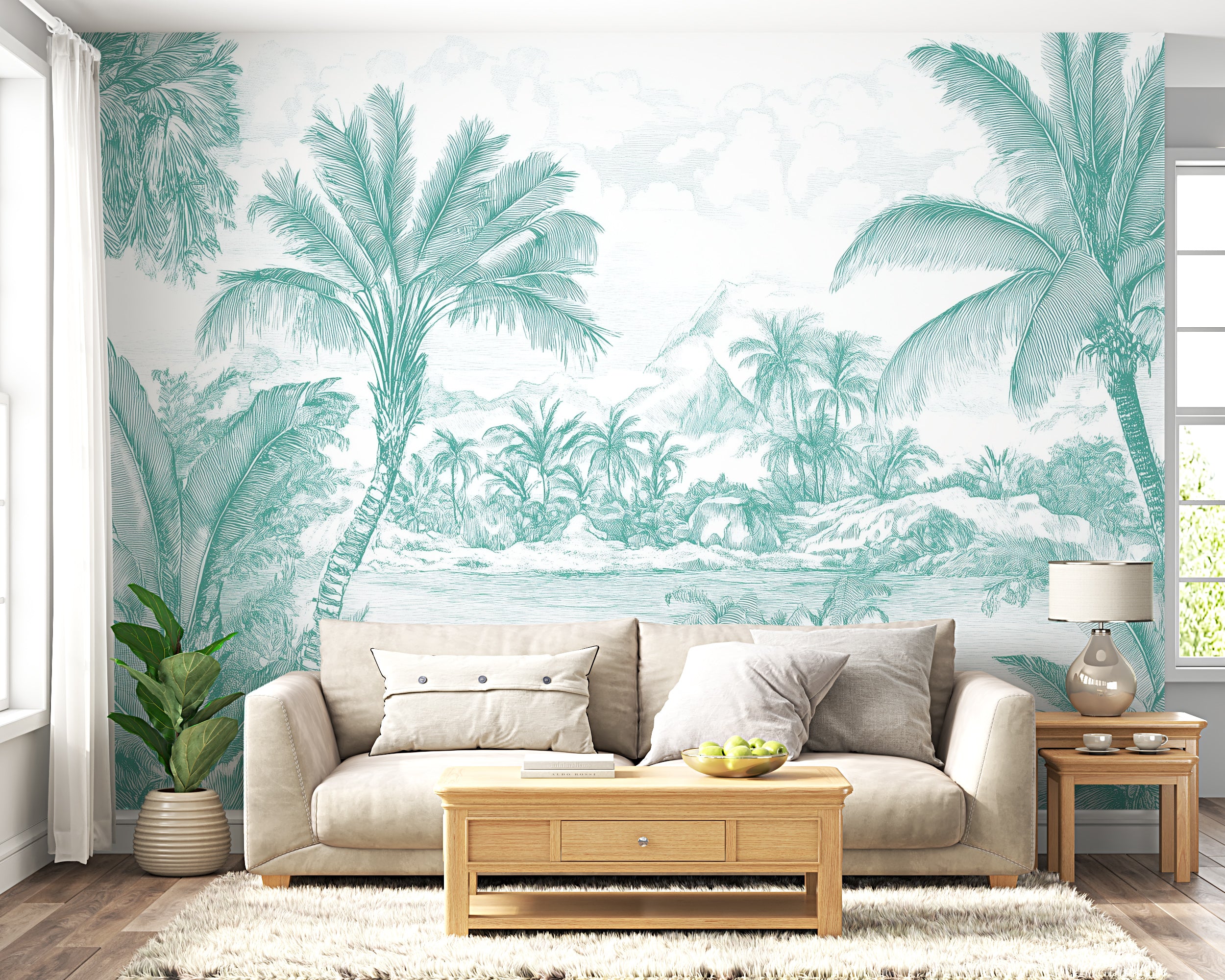 Green Monochrome Jungle Mural, Green Tropical Forest Wall Decor, Plants and Trees Mural, French Style Toile De Jouy Mural