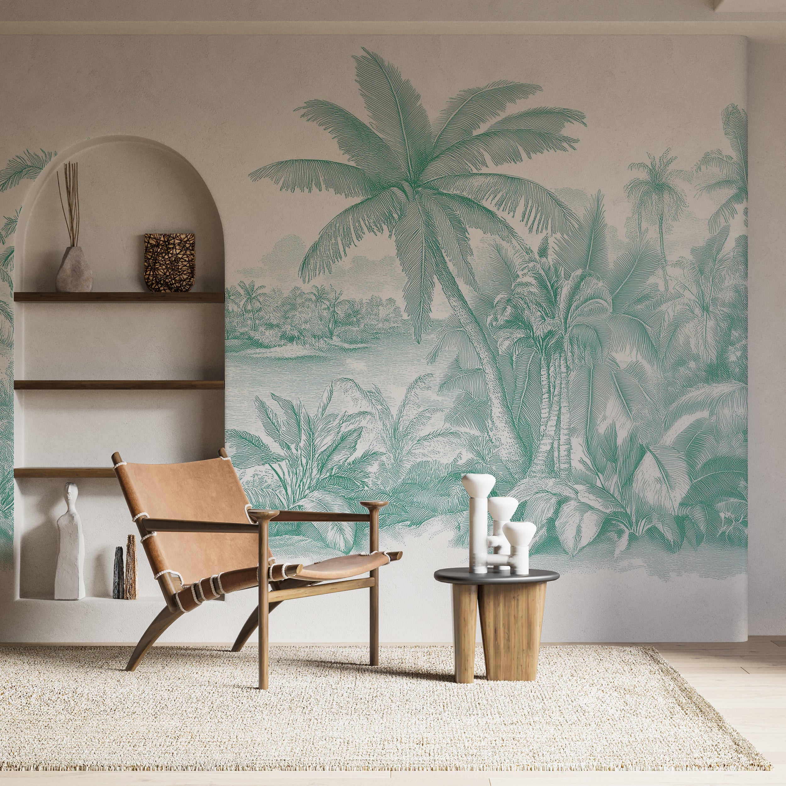 Soft Green Toile de Jouy Mural, Self-adhesive Jungle Wallpaper, Monochrome Mural, Non-woven French Classic Decor
