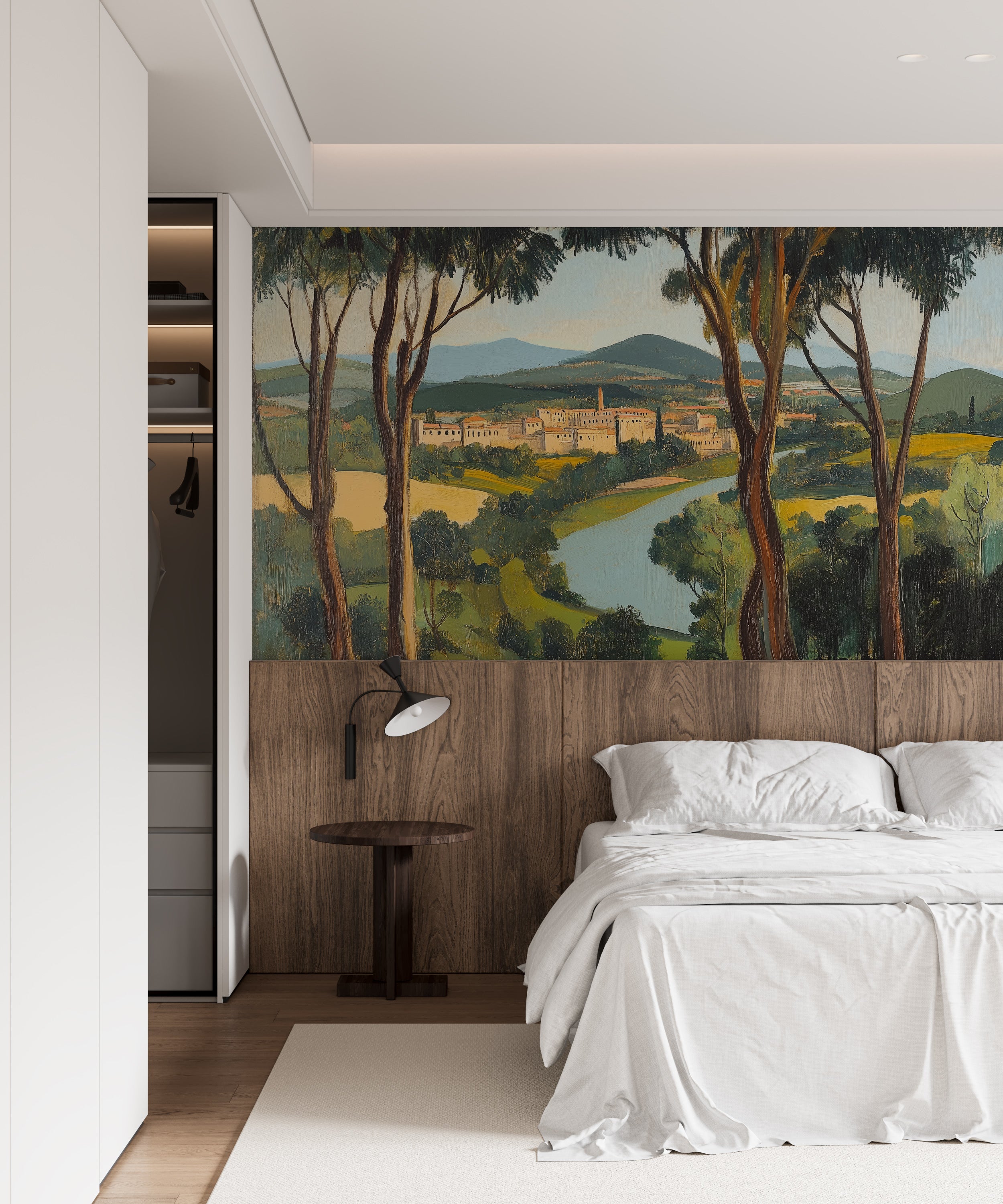 Colorful scenic landscape mural.
Vintage old city and trees mural.