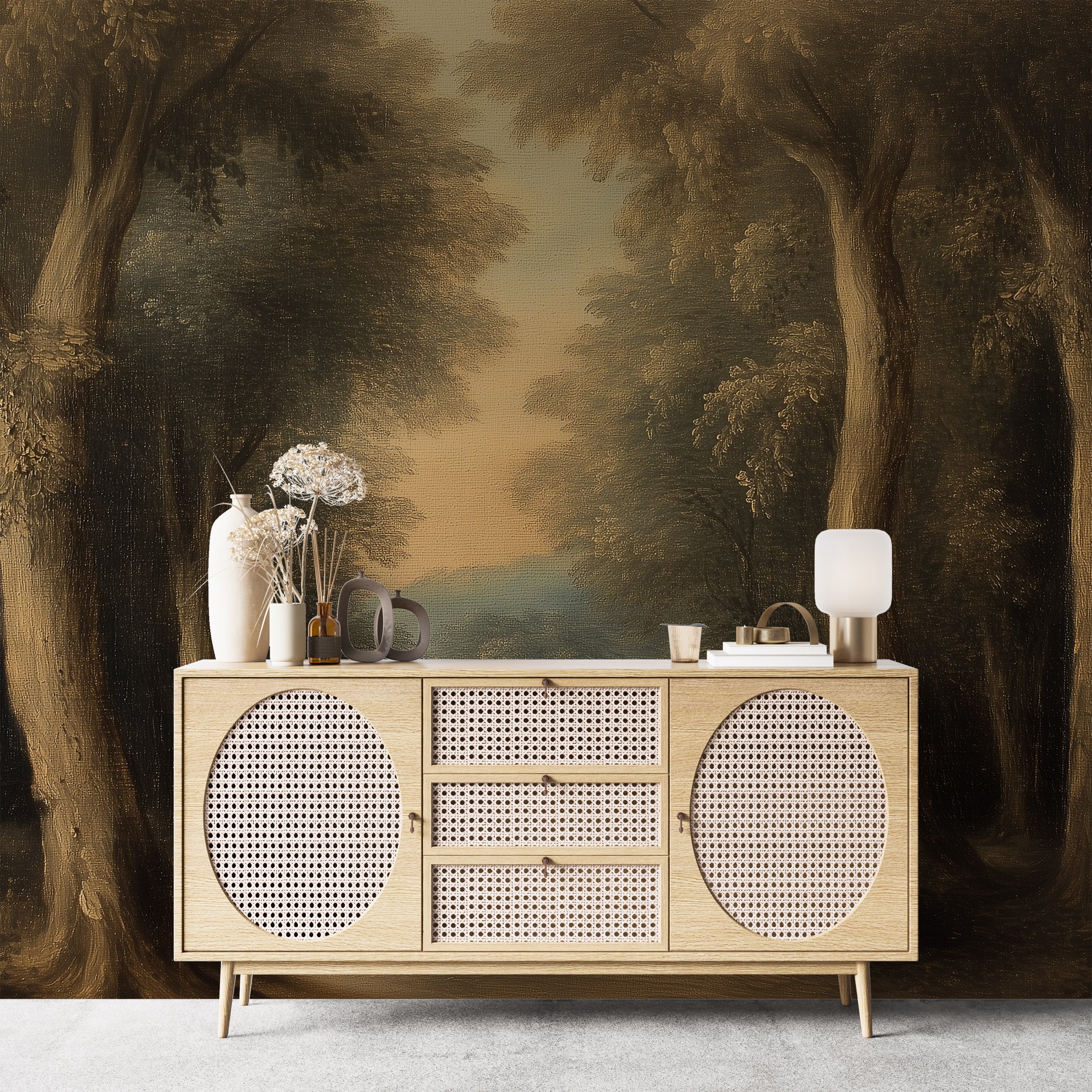 Dark-toned nature-inspired wall decor.
Rural forest wallpaper for home decor.
