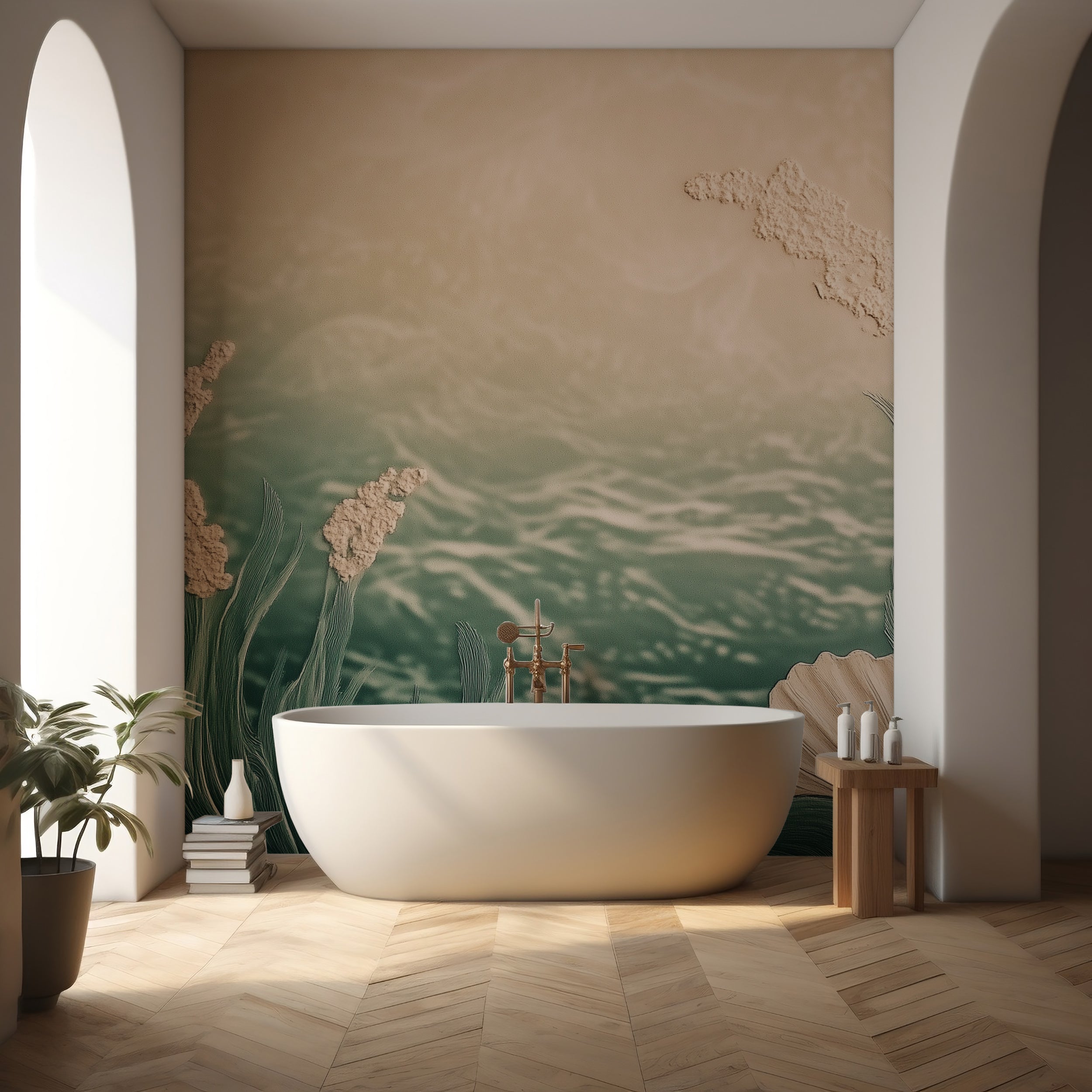 Muted Teal and Beige Underwater Mural, Abstract Nautical Wallpaper, Peel and Stick Ocean Botanical Wall Decor