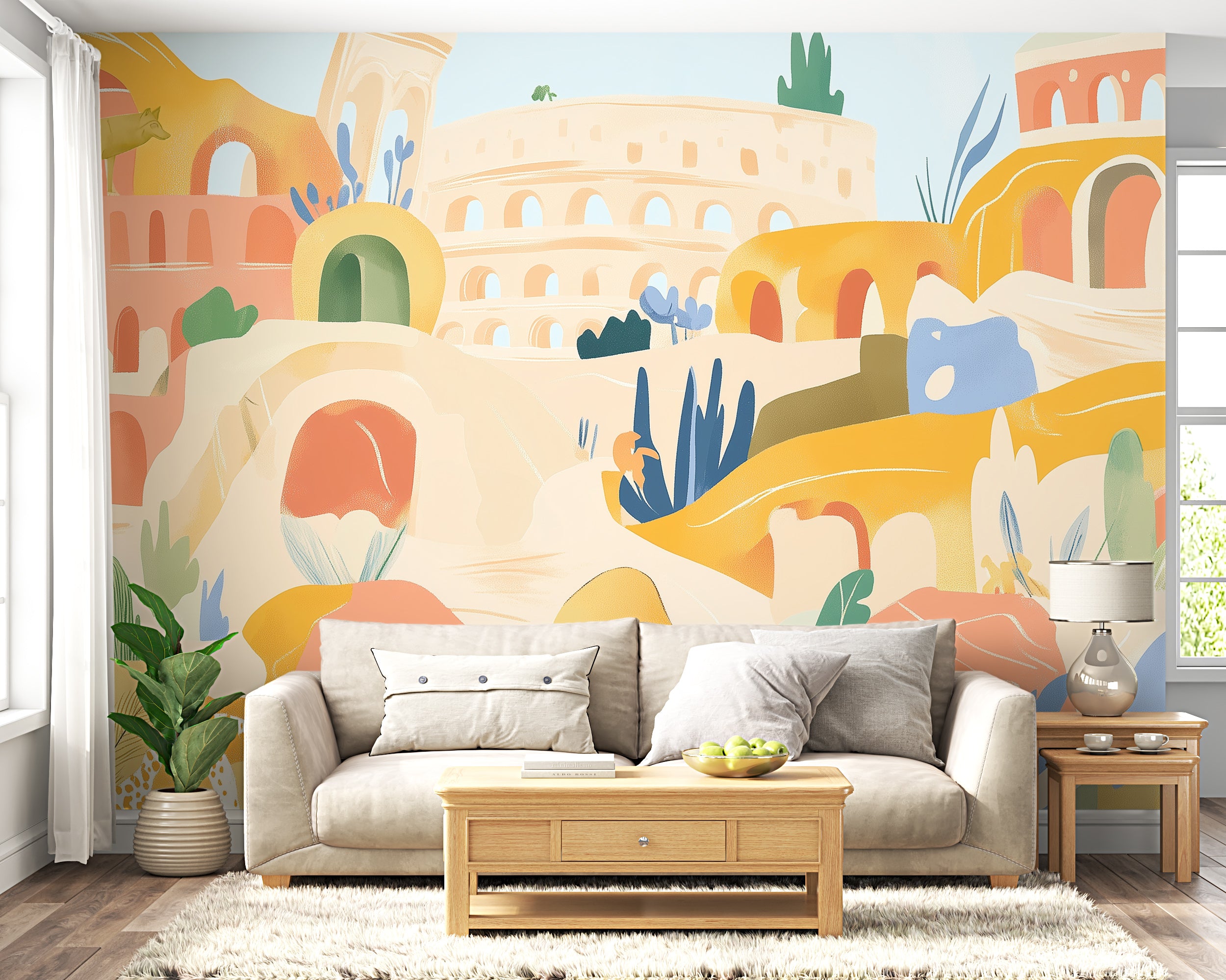 Rome Illustration Wall Mural, Abstract Colorful City Symbols Wallpaper, Italy Mural, Peel and Stick Yellow Town Art
