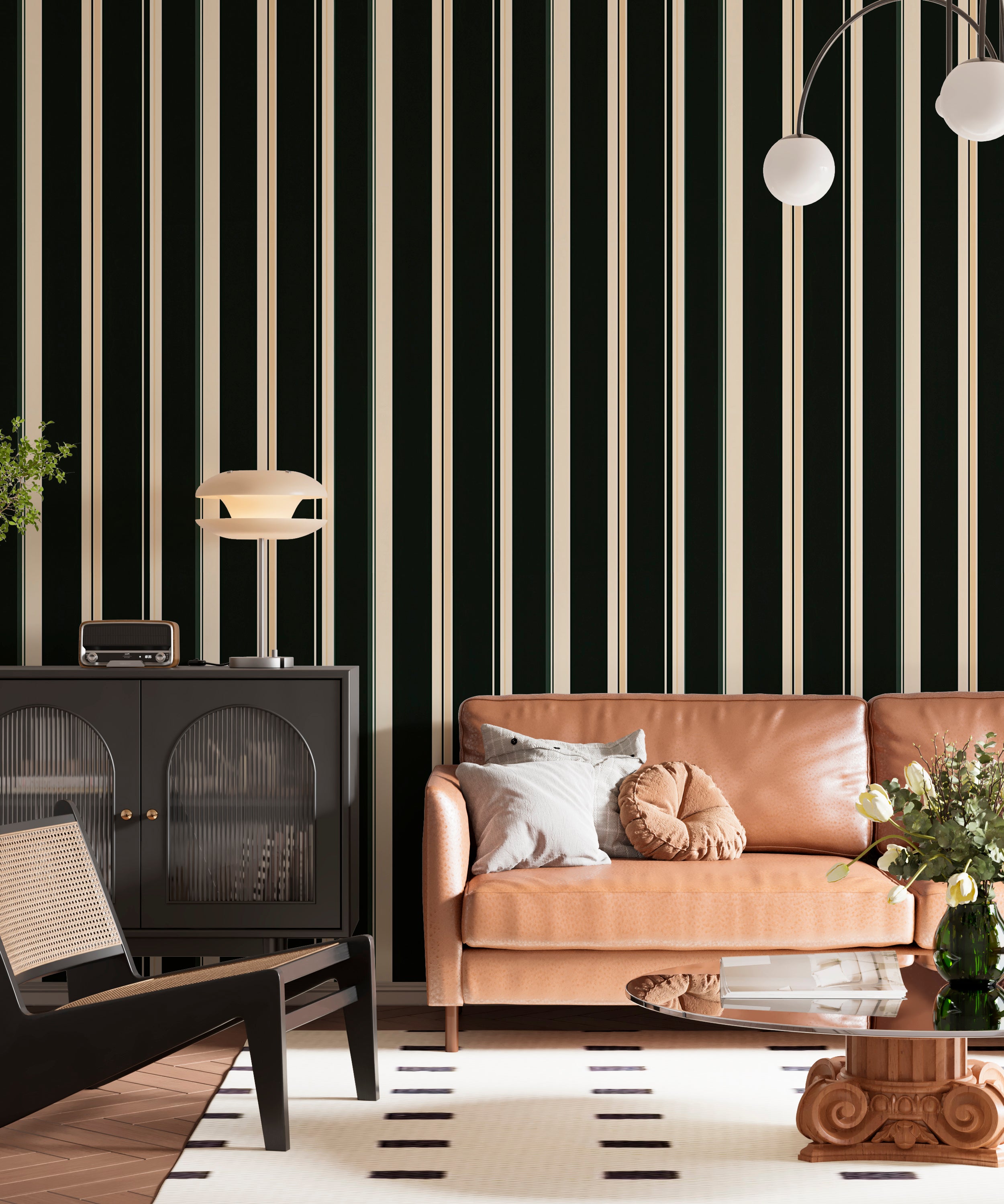 Dark Green and Beige Striped Wallpaper, Elegant Vertical Stripe Wall Decor, Peel and Stick Wallpaper
