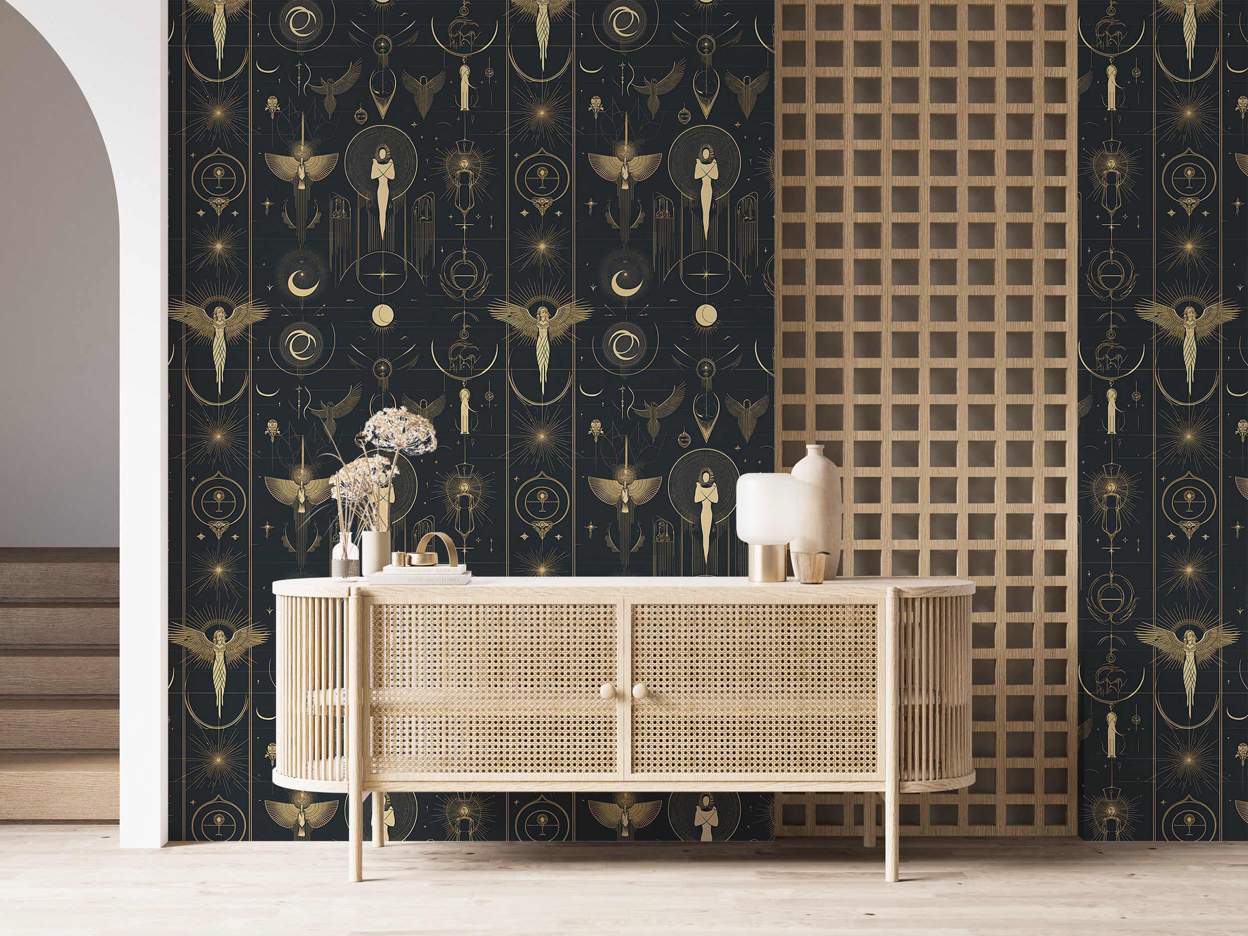 Dark Blue and Bronze Astrology Symbols Wallpaper, Celestial Wall Decor, Zodiac and Star Sign Art, Cosmic Peel and Stick Wallpaper