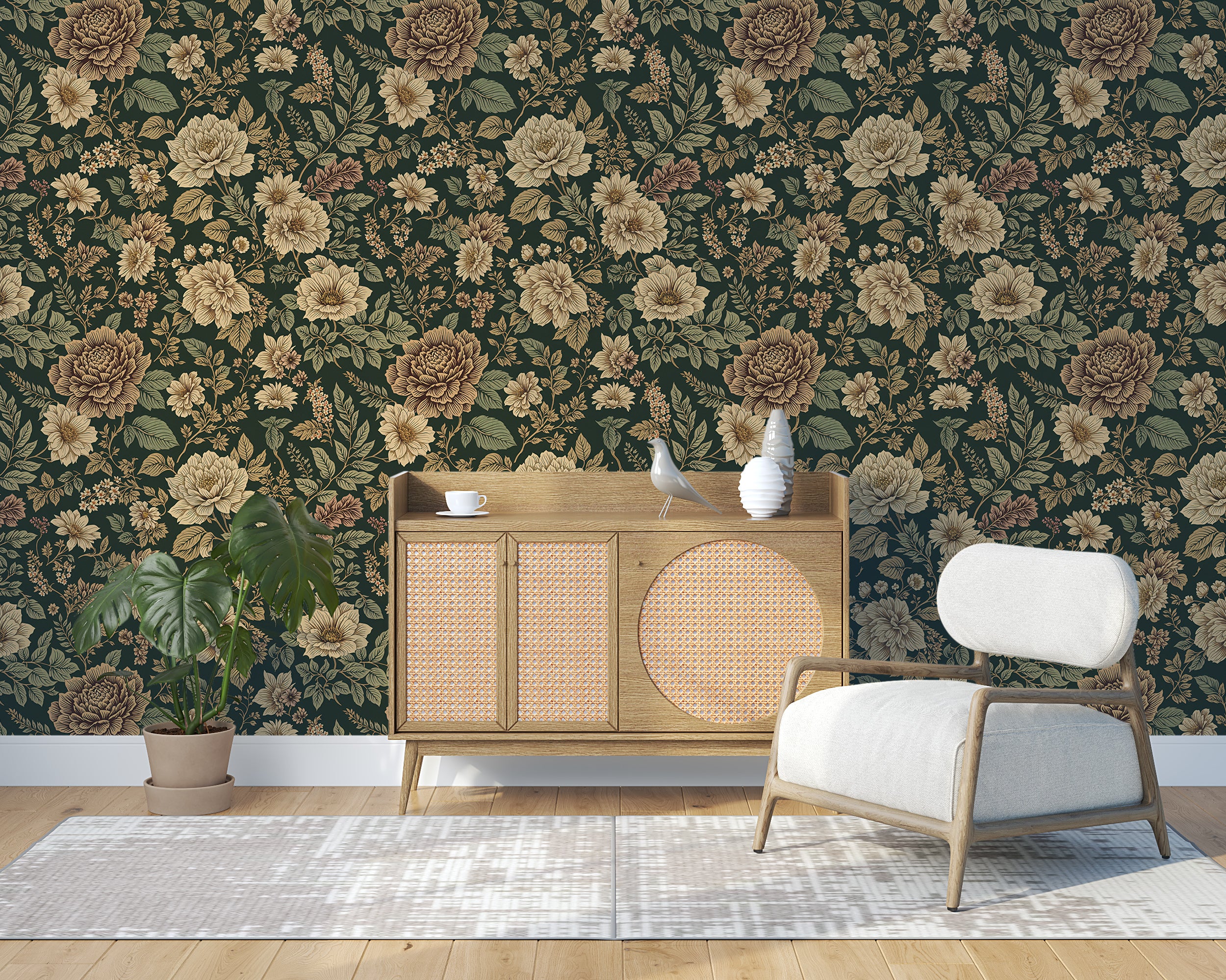 Detailed Green Floral Wallpaper with Beige Flowers, Vintage Peony Pattern, Timeless Rental Friendly Peel and Stick Wallpaper