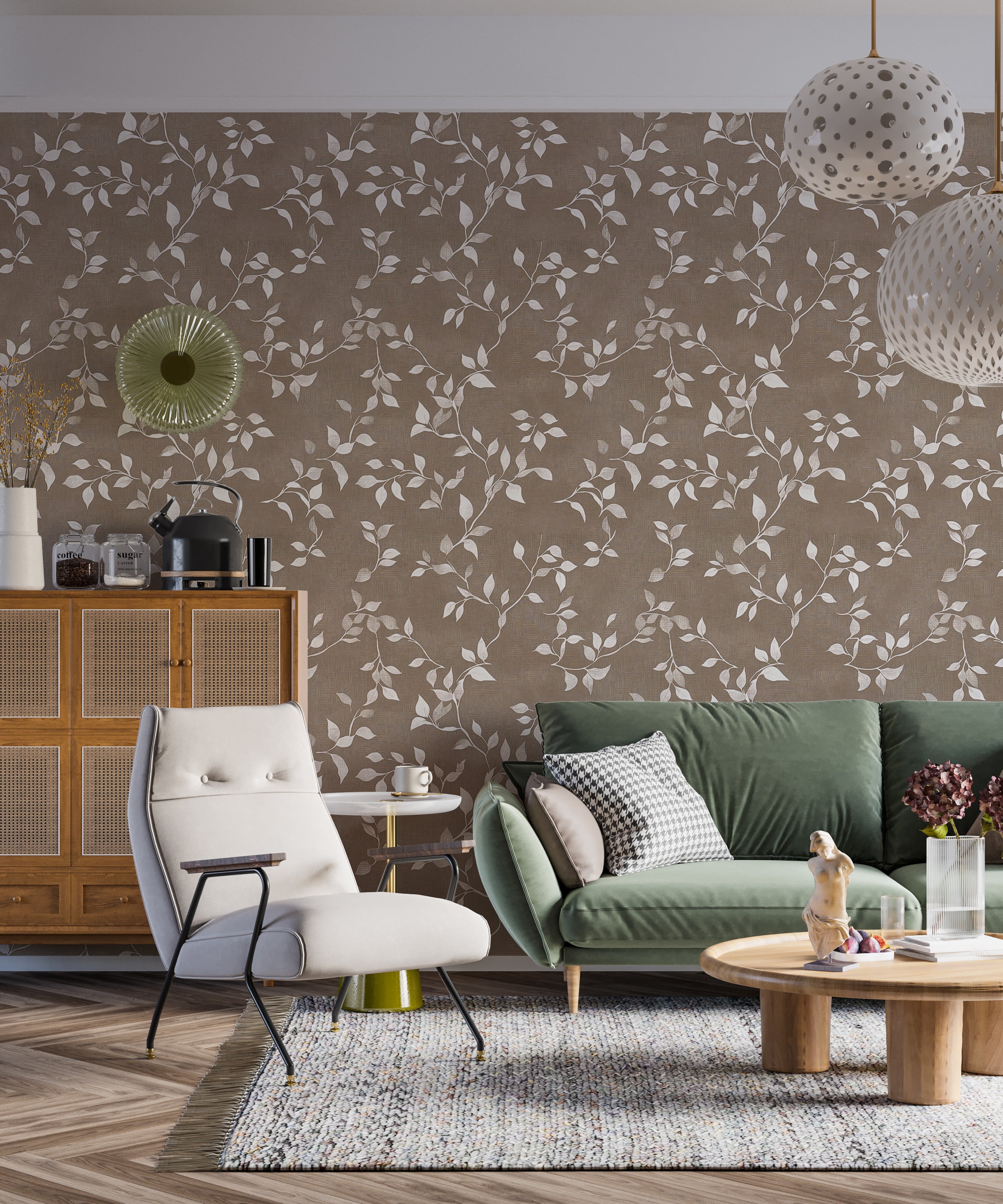 Light Brown Textured Wallpaper with Minimalist White Leaves, Modern Botanical Neutral Wall Decor, Contemporary Leaf Pattern Design, Removable Peel and Stick Wallpaper